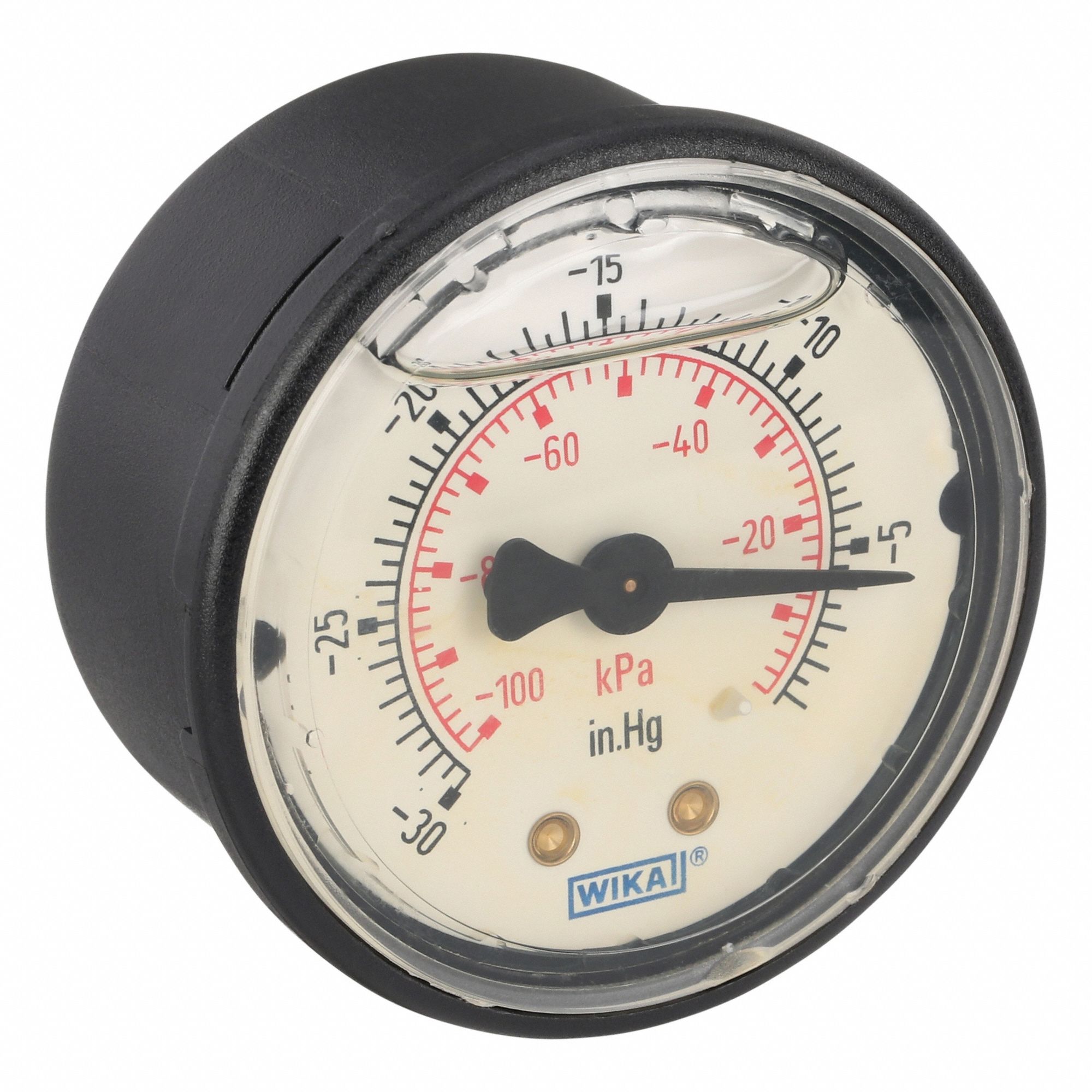 Commercial Vacuum Gauge: 0 psi / Hg to 30 psi, 2 in Dial, 1/4 in NPT Male, Center Back, Plastic