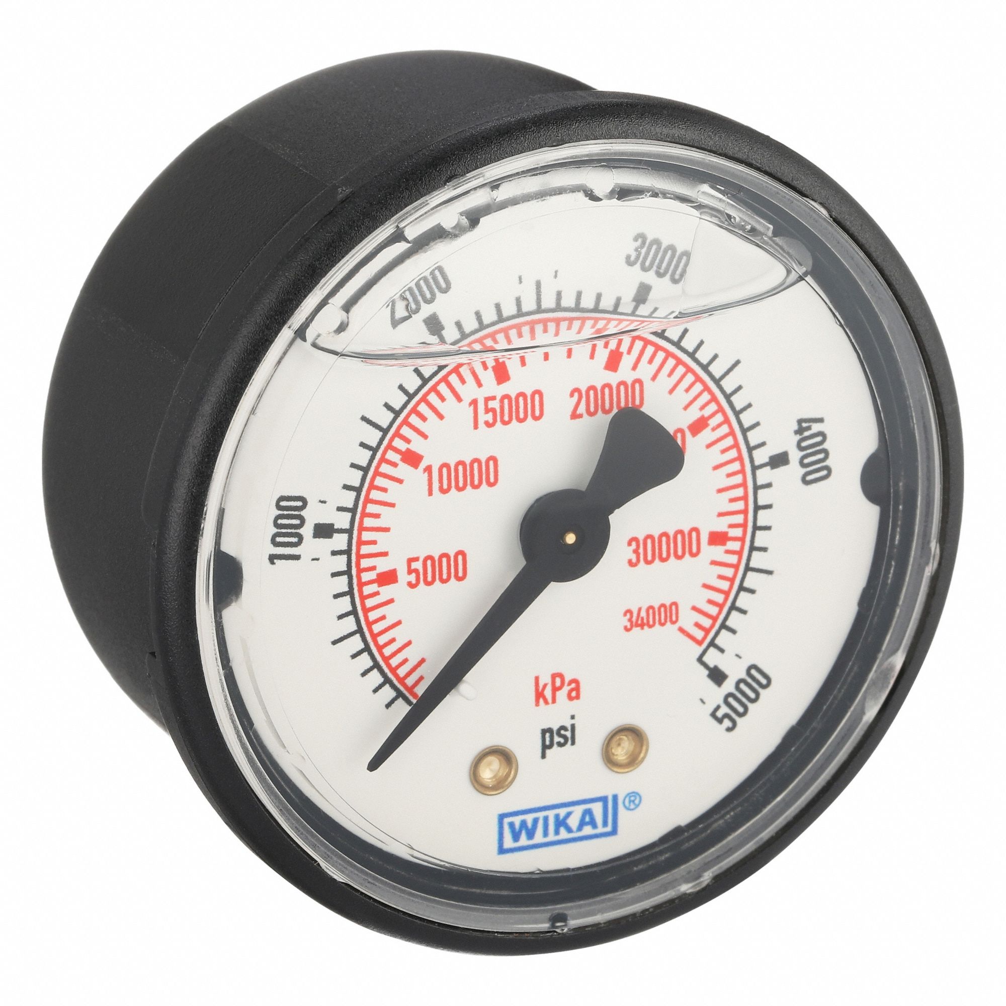 Commercial Pressure Gauge: 0 psi / Hg to 5, 000 psi, 2 in Dial, 1/4 in NPT Male, Center Back, 4