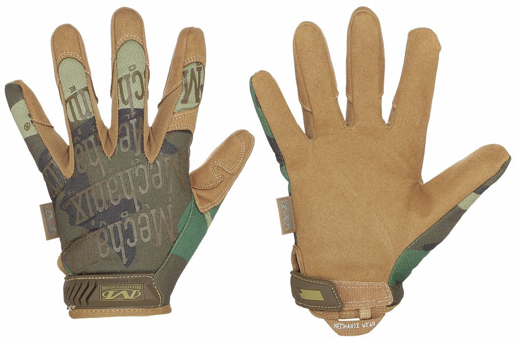 Tactical Gloves: S, Woodland Camouflage, Synthetic Leather, Hook-and-Loop, 1 PR