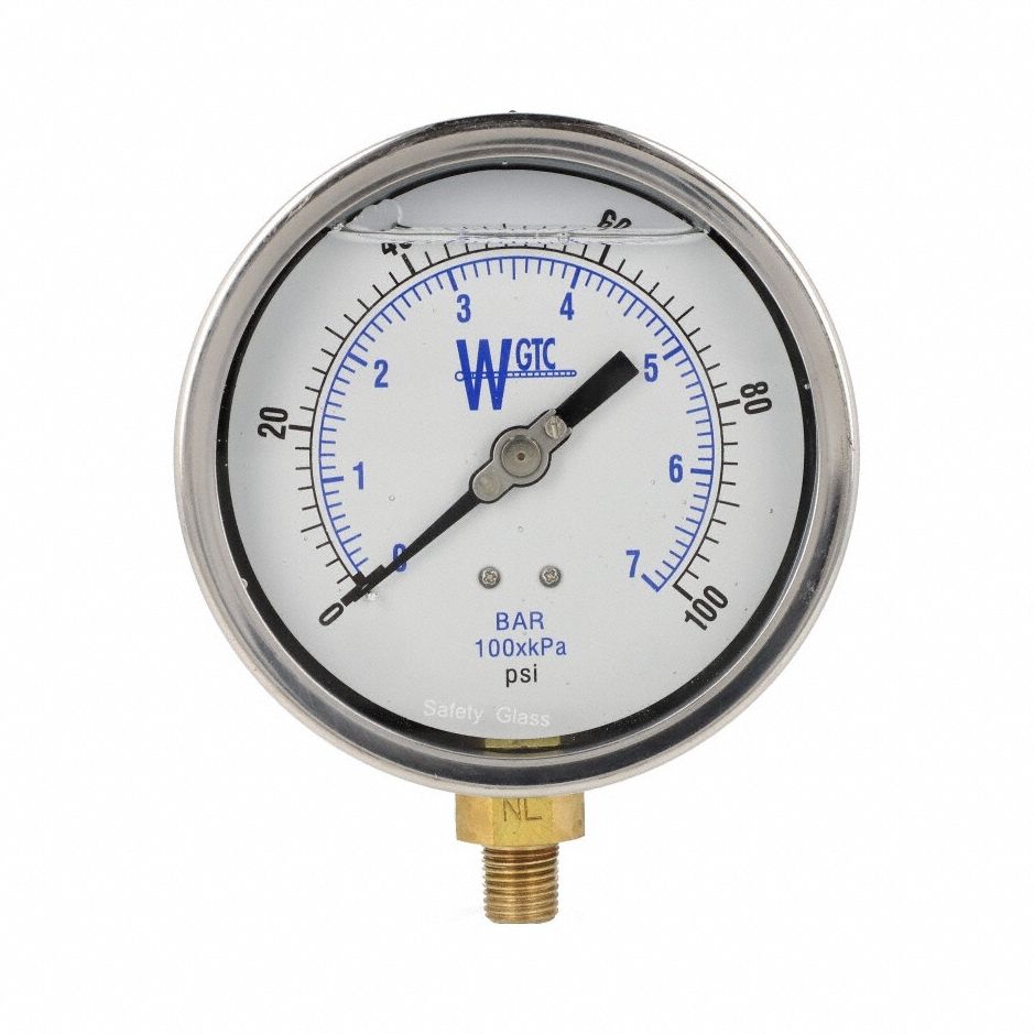 Pressure Gauge: 100 psi, 4 in Dial, 1/4 in NPT Male, Bottom, ±1.00% Accuracy, Brass, 401L4