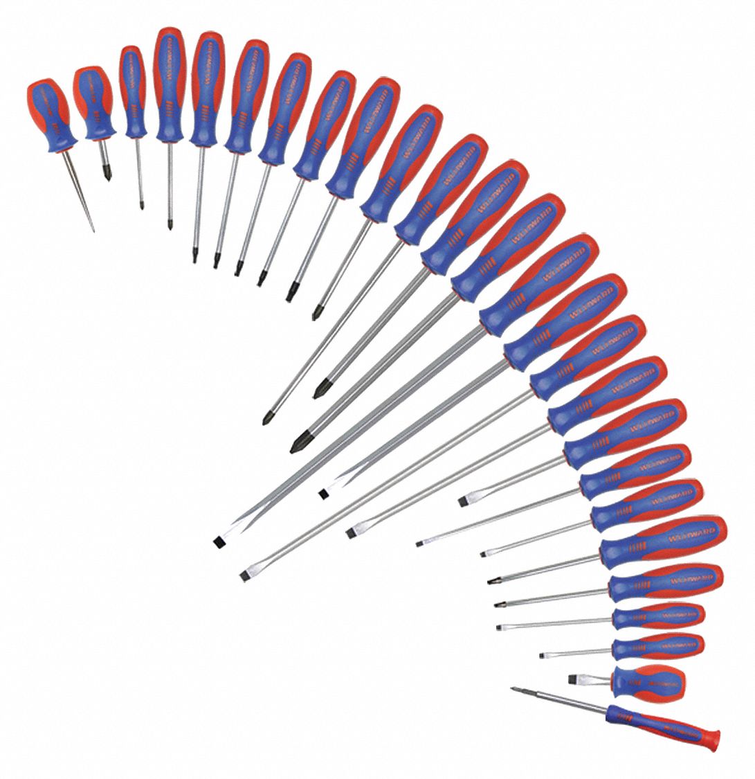 MAGNETIZED TIP SCREWDRIVER SET, 26 PIECES, PHILLIPS/SLOTTED/SQUARE/TORX TIP, ERGONOMIC GRIP