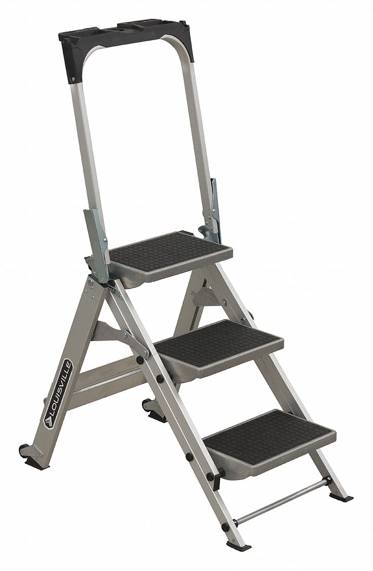 Step Stool: 3 Steps, 3.6 ft Overall Ht, 300 lb Load Cap, Aluminum