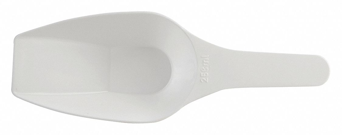 Scoop: Non-Sterile, Polypropylene, 250 mL Capacity - mL, 8 1/2 fl oz Capacity - oz, 94 mm Overall Lg