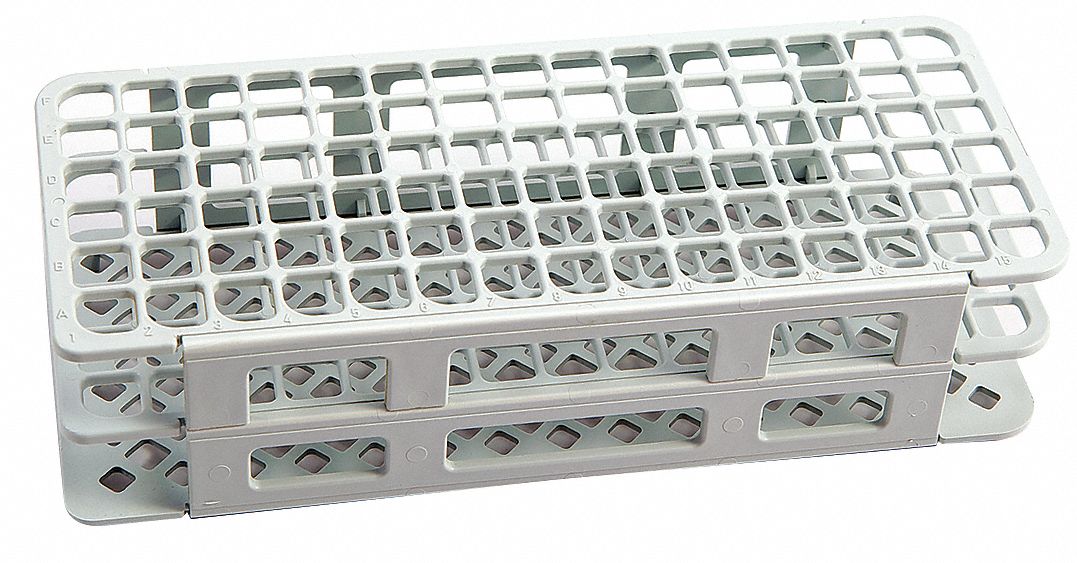 Tube Rack: 4 1/4 in Overall Wd, 2 1/2 in Overall Ht, 9 3/4 in Overall Lg, Polypropylene, White