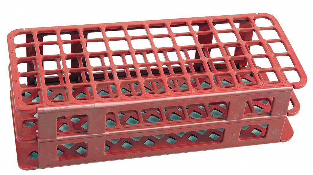 Tube Rack: 4 1/4 in Overall Wd, 2 1/2 in Overall Ht, 9 3/4 in Overall Lg, Polypropylene, Red