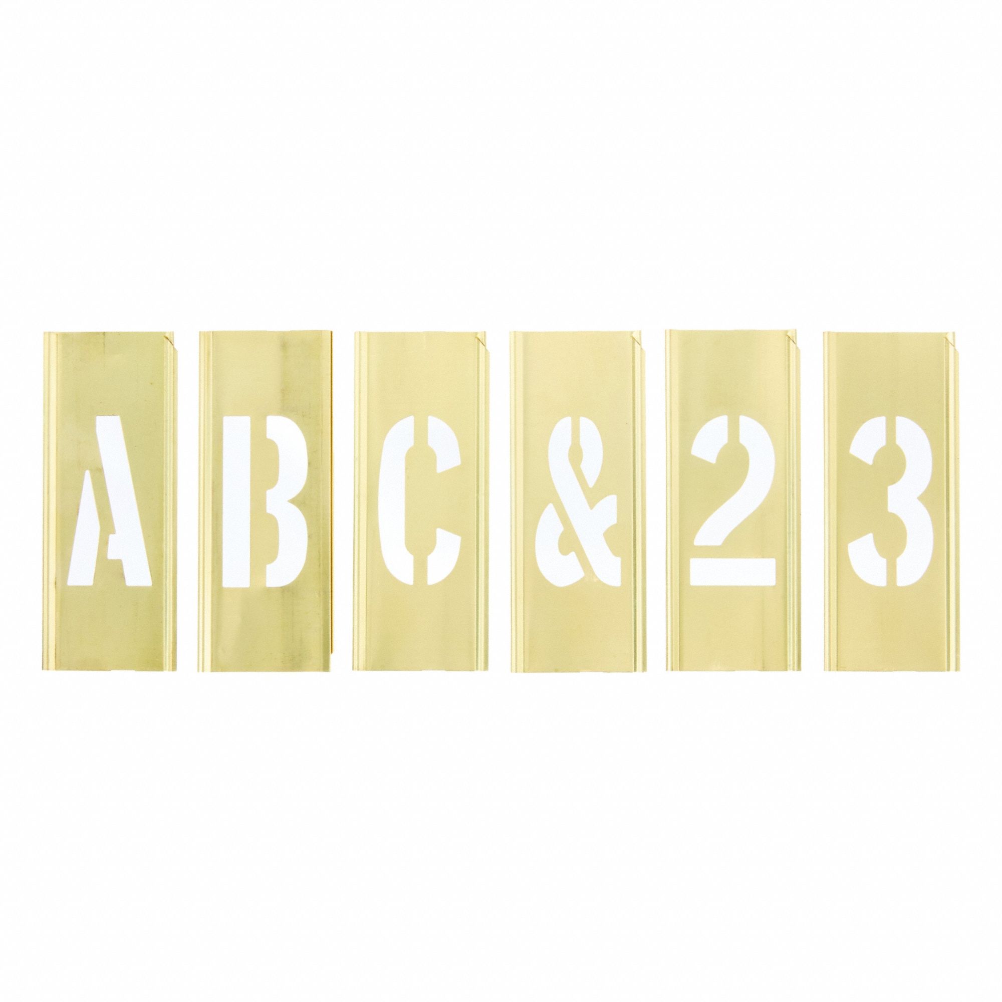 Stencil Set: 0 to 9/A to Z/Punctuation, 2 in Character Ht, 1 1/2 in Character Wd, Brass