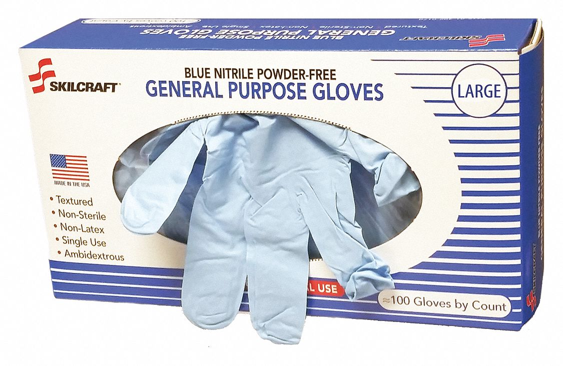 Disposable Gloves: Gen Purpose, 4 mil, Powder-Free, Nitrile, L ( 9 ), Grain, 100 PK