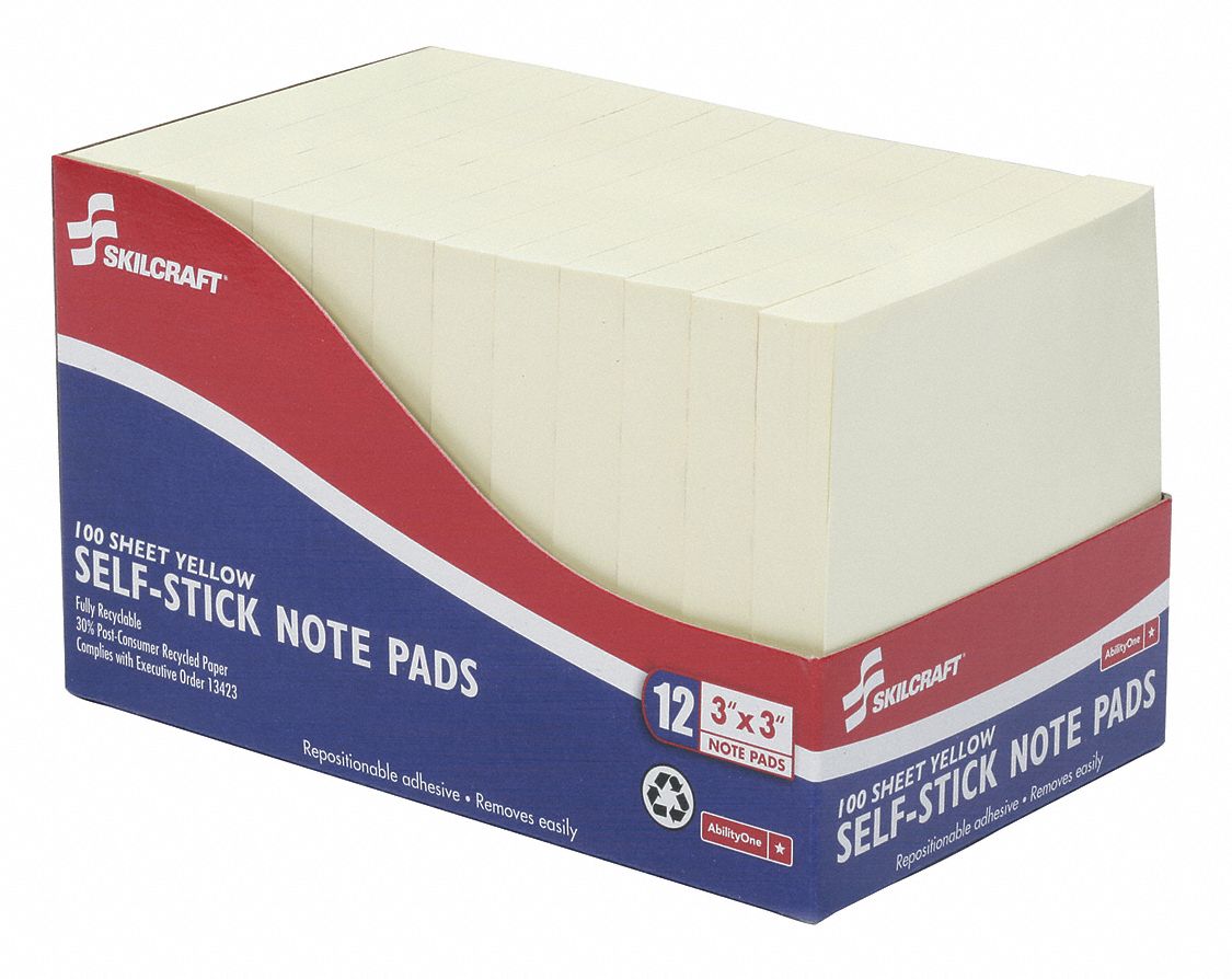 Sticky Notes: Yellow, Std, 100 Sheets per Pad, 12 Pads per Pack, 3 in x 3 in, 12 PK
