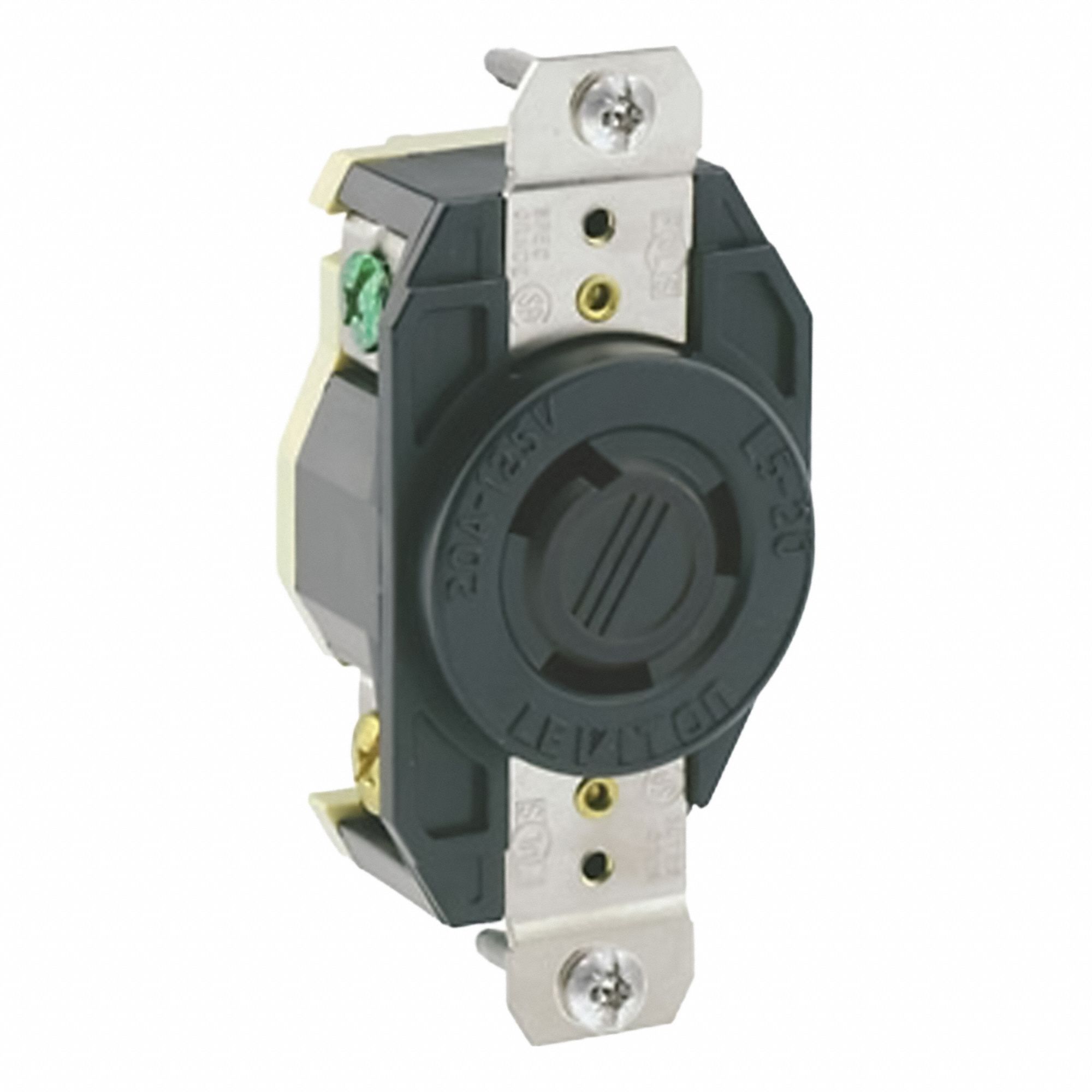 Flush Mounting Lock Receptacle: L5-20R, 20 A, 125V AC, Black, 2 Poles, Shrouded, Screw Terminals