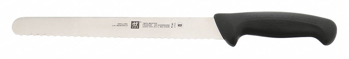 Knife: Serrated, 9 1/2 in Overall Lg, Stainless Steel Blade, Black Handle