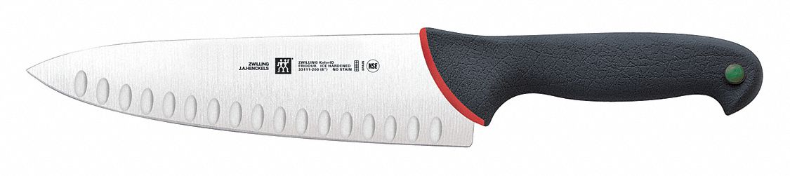 Knife: Hollow Edge, 8 in Overall Lg, Stainless Steel Blade, Black Handle
