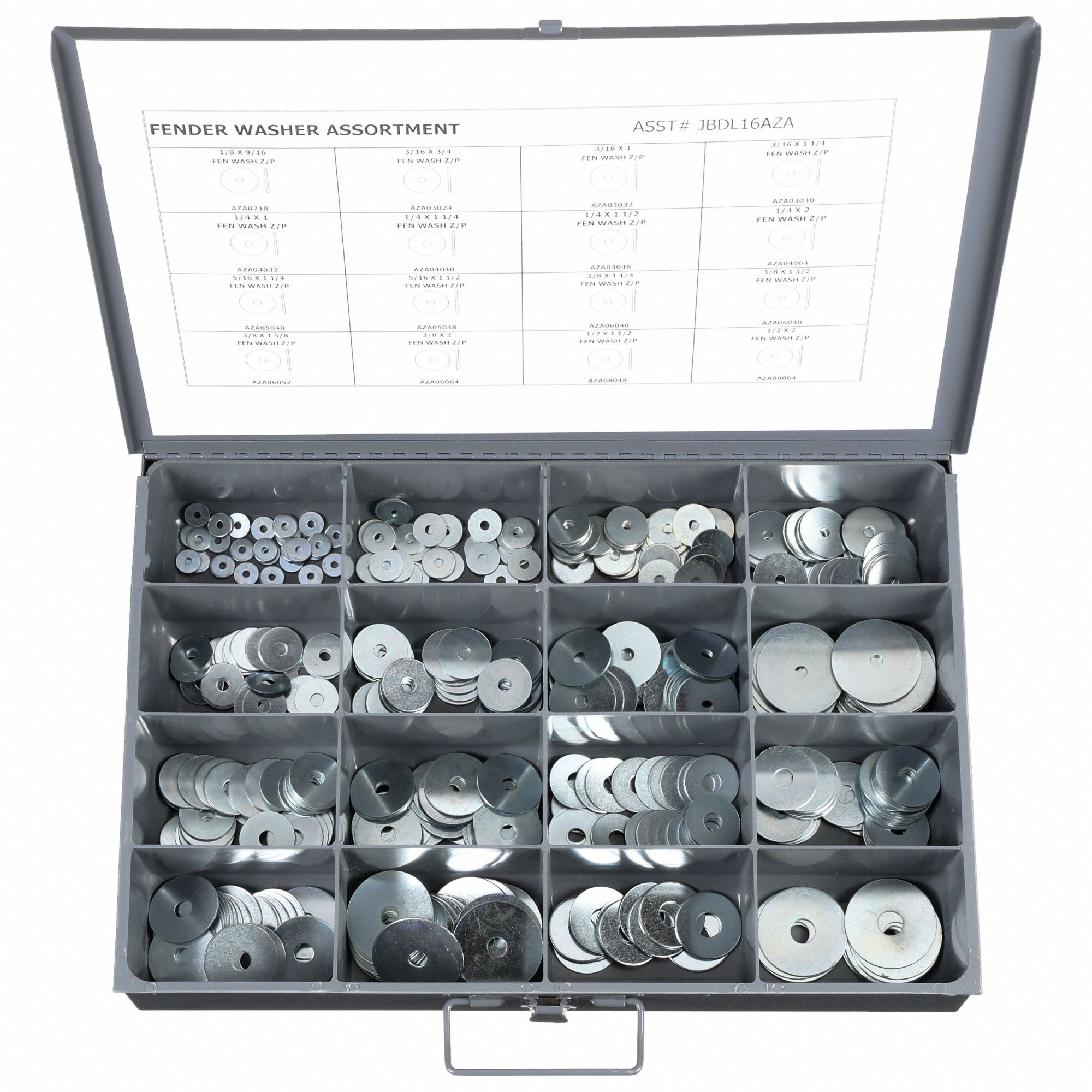 Washer Assortment: Steel, Zinc Plated, 370 Washers Included, 16 Sizes Included, Zinc Plated Steel