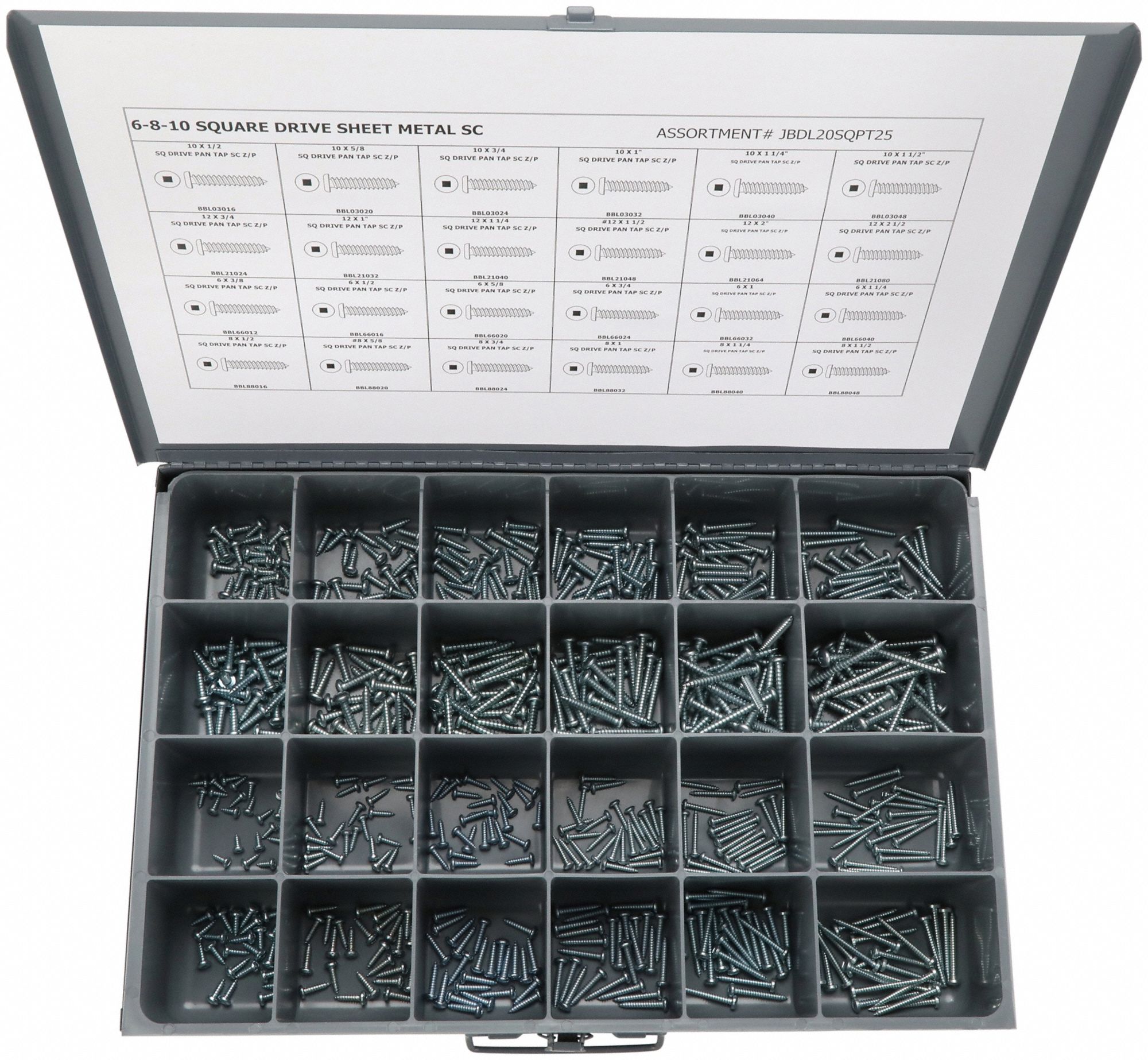 Tapping Screw Assortment: Steel, Zinc-Plated, Pan, Square, 600 Pieces, 24 # of Sizes