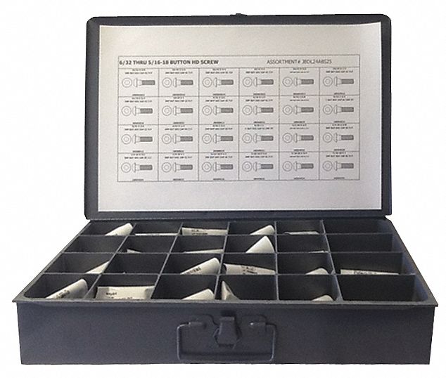 Socket Cap Screw Assortment: Button, 24 # of Sizes, 600 Pieces, Alloy Steel