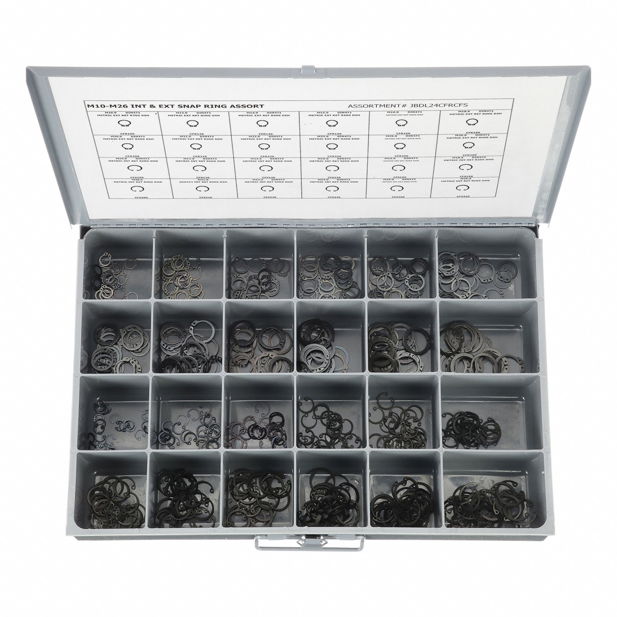 Retaining Ring Assortment, 600 pcs, Metric: Metric, Steel, Black Phosphate, 600 Pieces, 24 # of Sizes