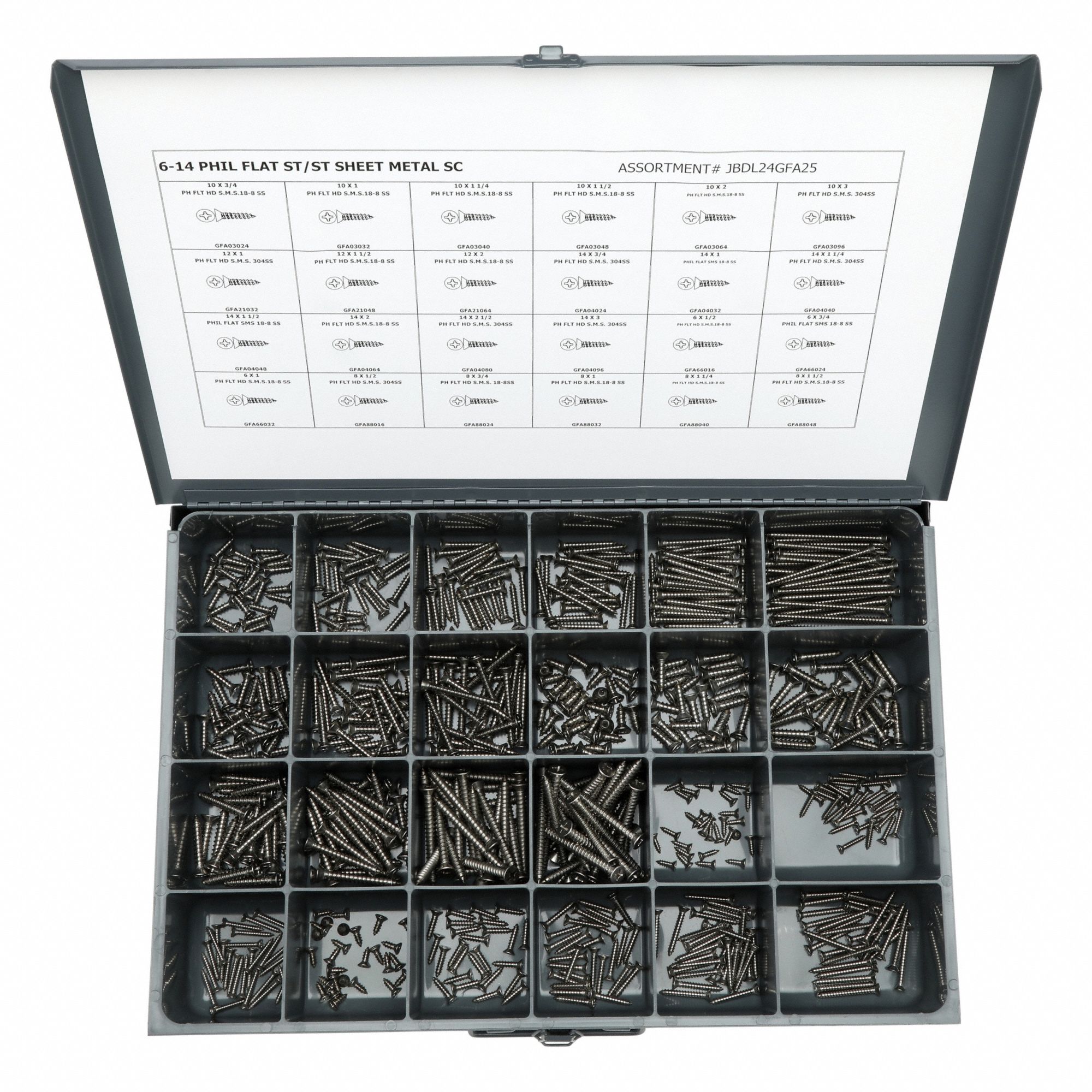 Tapping Screw Assortment: Stainless Steel, Plain, Flat, Phillips, 600 Pieces, 24 # of Sizes