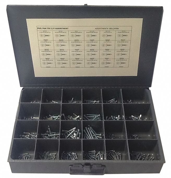 Self-Drilling Screw Assortment: Pan, Zinc-Plated, Steel, Phillips, 600 Pieces, 24 Sizes
