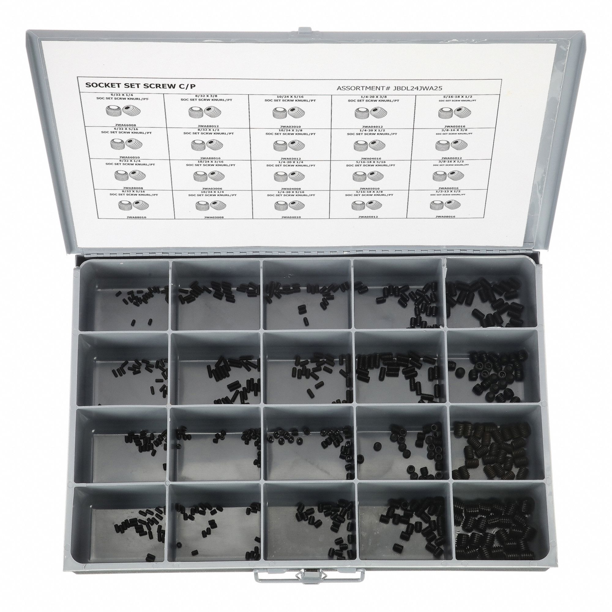 Socket Set Screw Assortment: 500 Pieces, 20 # of Sizes, Cup/Knurled Cup pt
