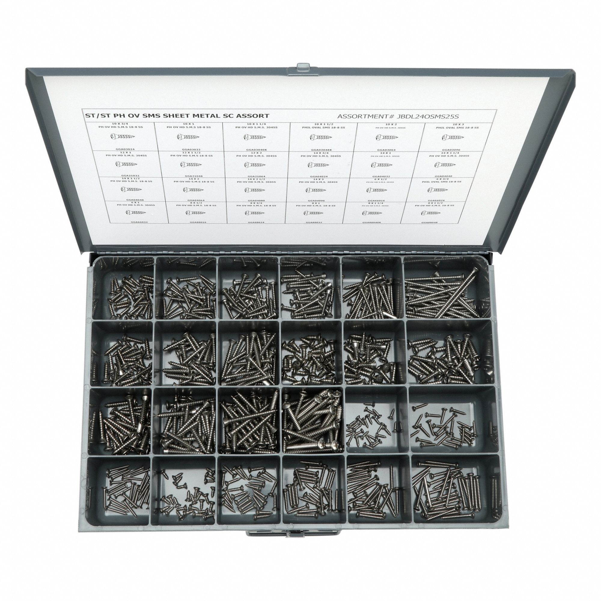 Self-Drilling Screw Assortment: Plain, Stainless Steel, Phillips, 600 Pieces, 24 Sizes