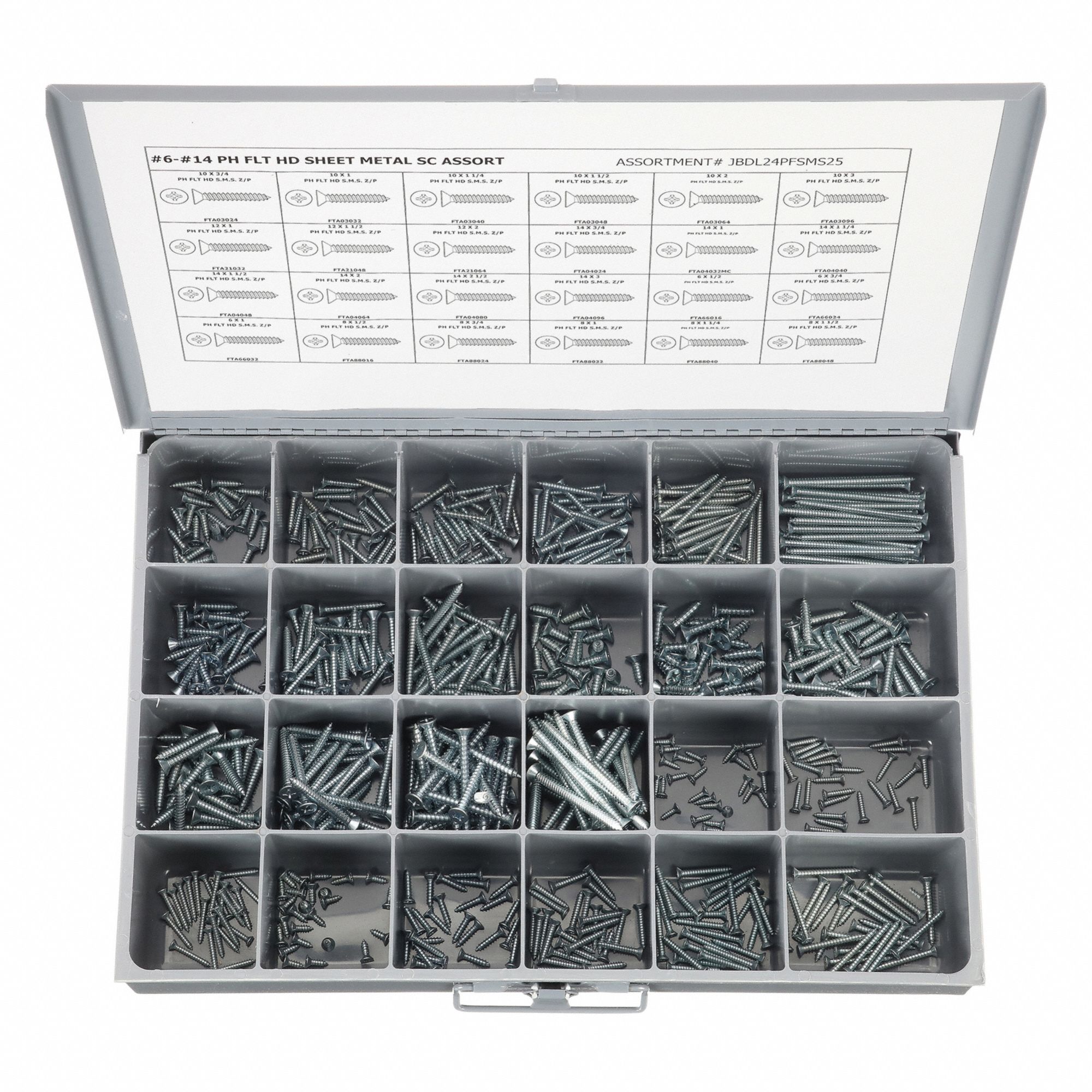 Tapping Screw Assortment: Steel, Zinc-Plated, Flat, Phillips, 600 Pieces, 24 # of Sizes