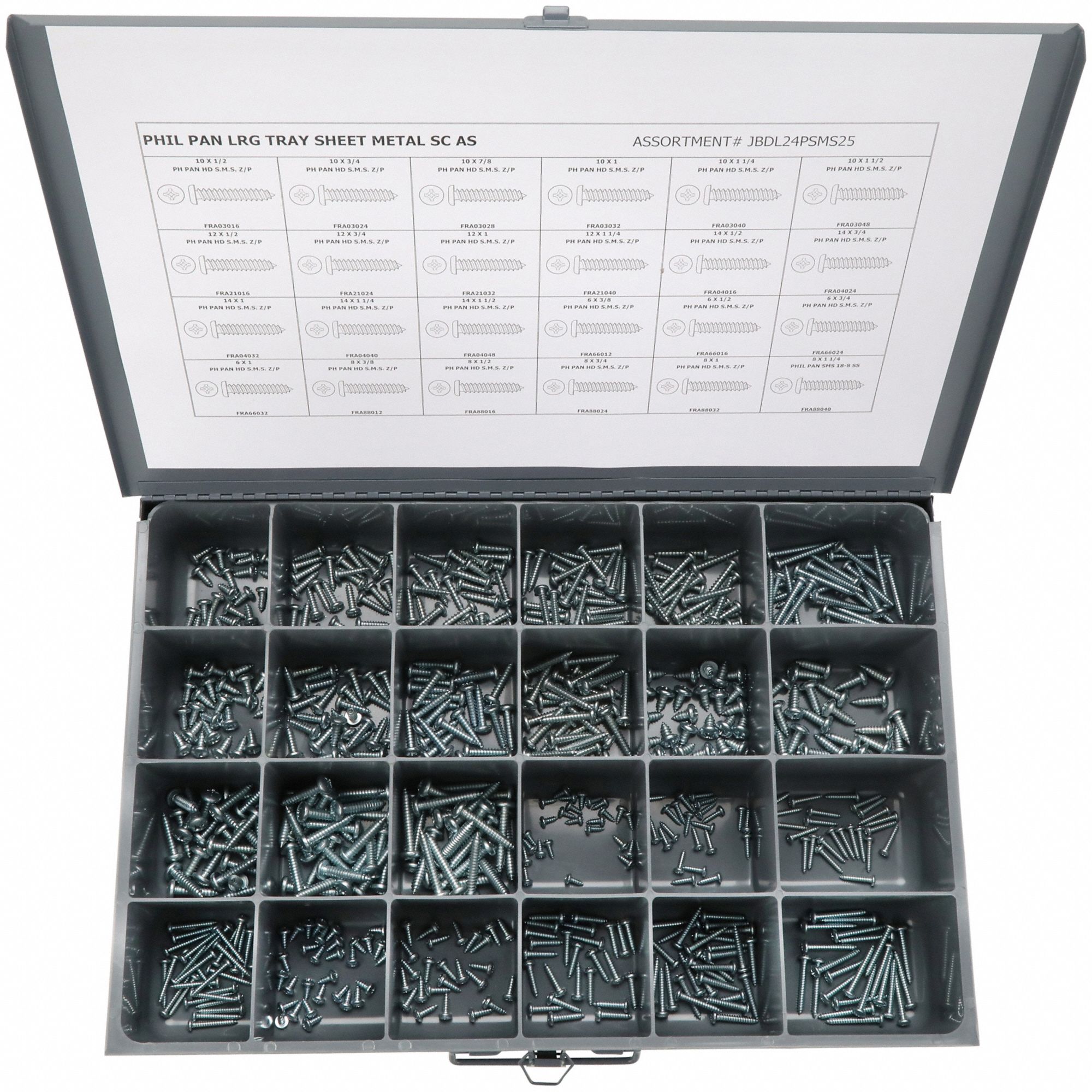 Tapping Screw Assortment: Steel, Zinc-Plated, Pan, Phillips, 600 Pieces, 24 # of Sizes