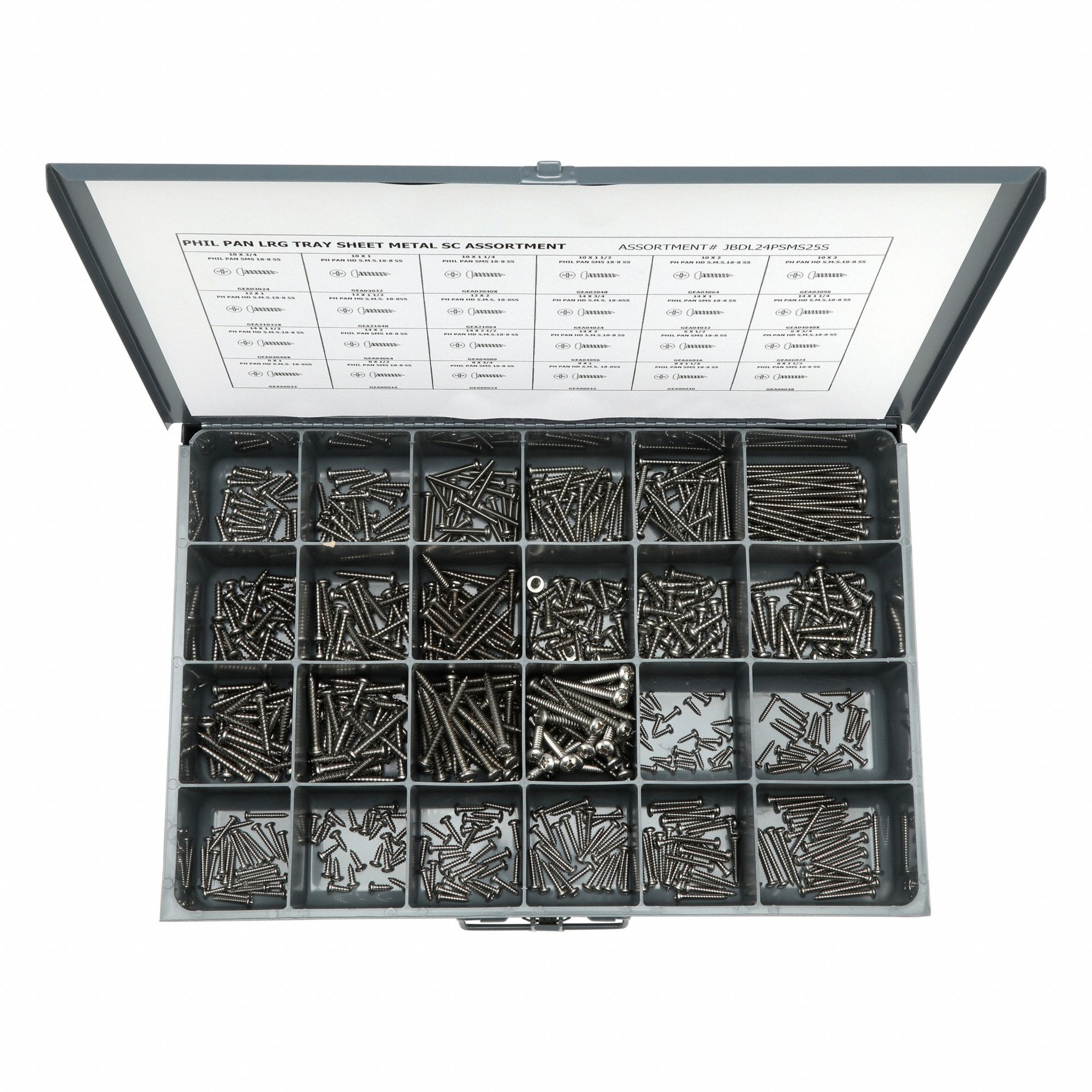 Tapping Screw Assortment: Stainless Steel, Plain, Pan, Phillips, 600 Pieces, 24 # of Sizes