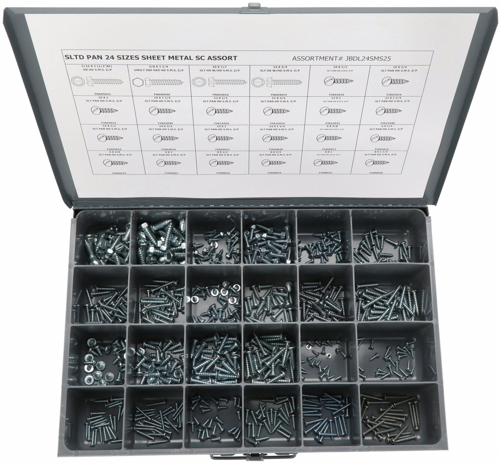 Tapping Screw Assortment: Steel, Zinc-Plated, Hex/Pan, External Hex/Slotted, 600 Pieces