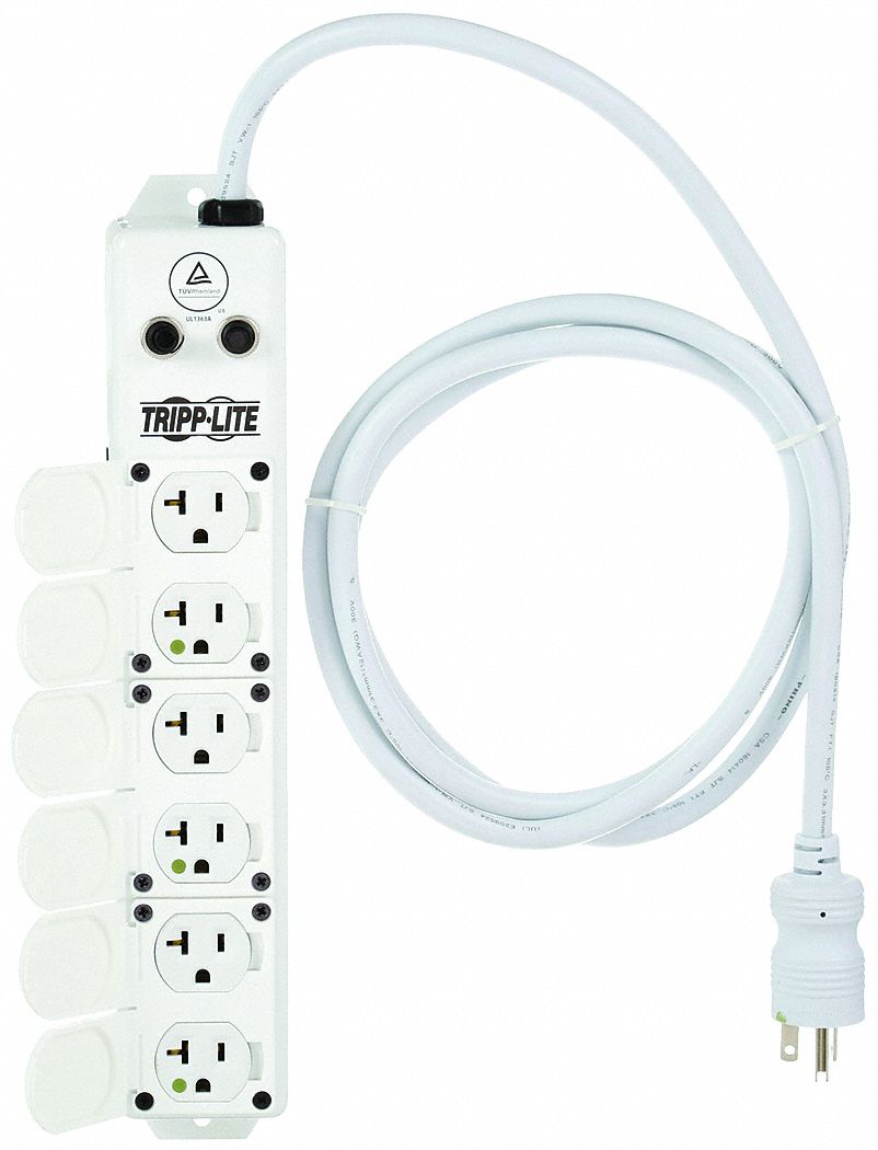 Outlet Strip: 6 Outlets, 7 ft Cord Lg, 20 A Max. Amps, White, Hospital Grade NEMA 5-20P