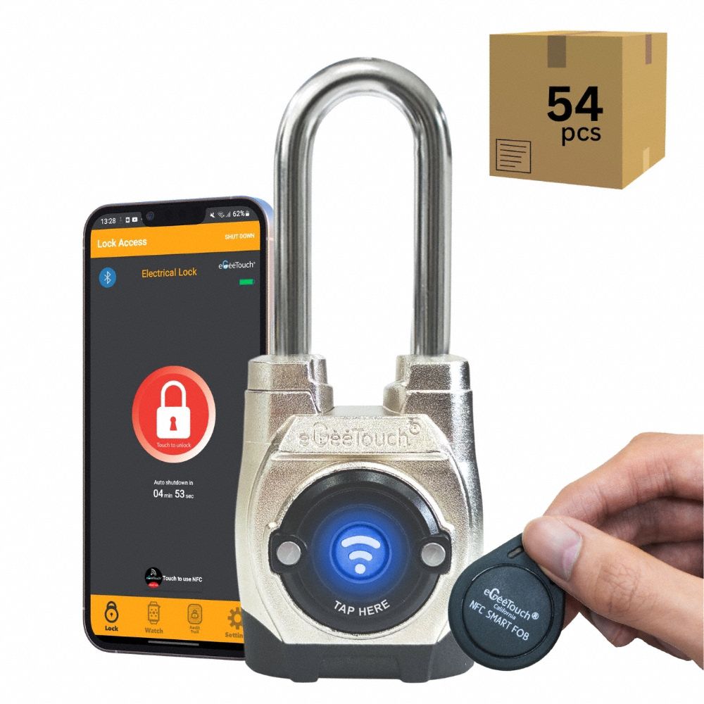 Bluetooth Padlock: Silver, Zinc Die-Cast, Long Shackle, Stainless Steel Shackle