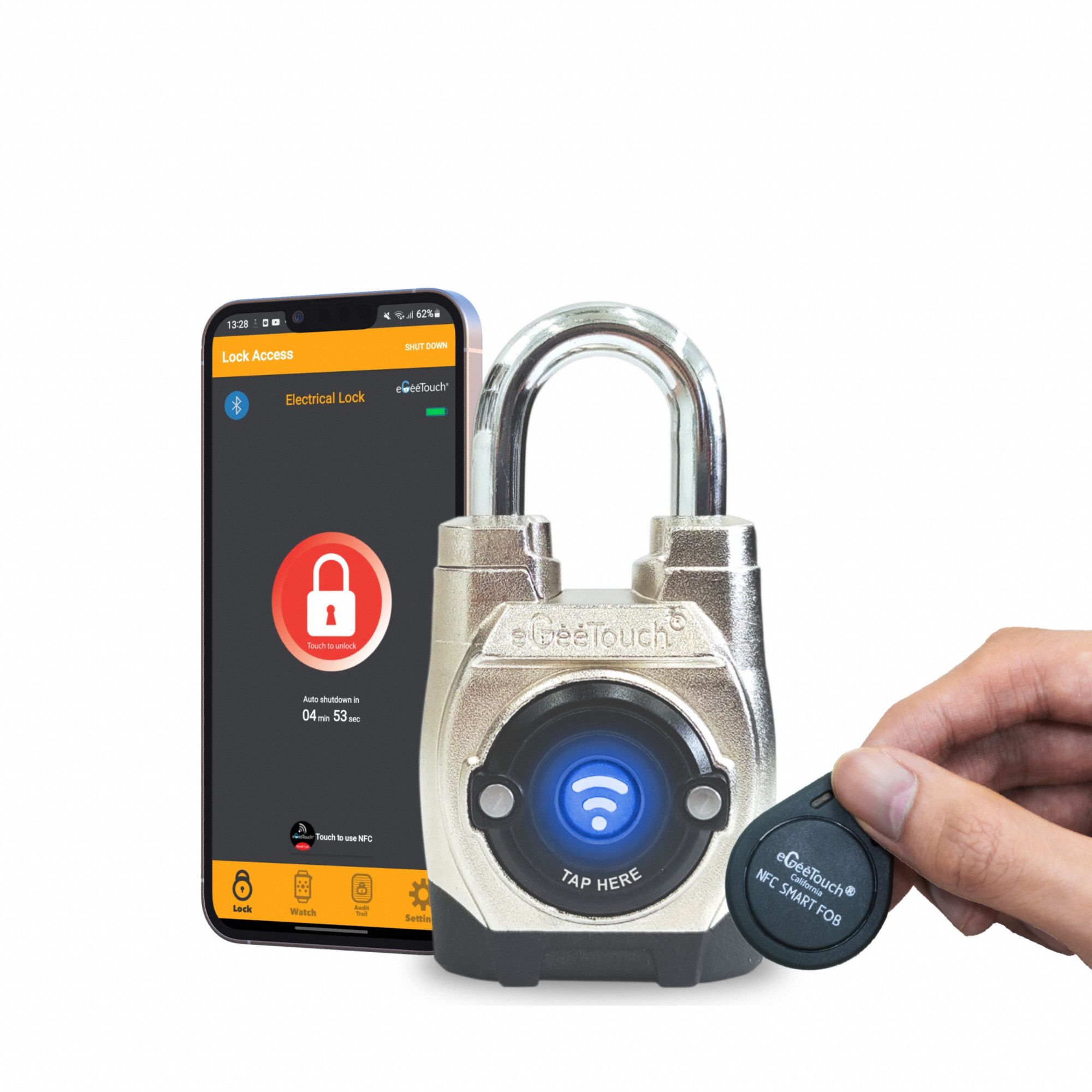 Bluetooth Padlock: Silver, Zinc Die-Cast, Stainless Steel Shackle