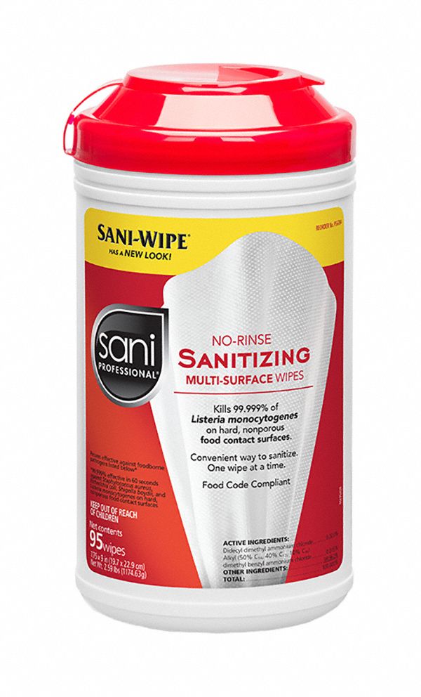 Sanitizing Wipes: Canister, 95 ct Container Size, Ready to Use, Wipes, Quat, 6 PK
