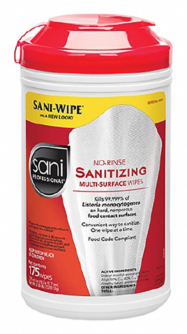 Sanitizing Wipes: Canister, 175 ct Container Size, Ready to Use, Wipes, Quat, 6 PK