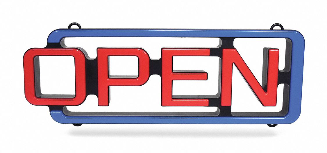 LED Open Sign,  22 in Length,  7 51/64 in Height,  Plastic,  Red/Blue Legend/Background Color