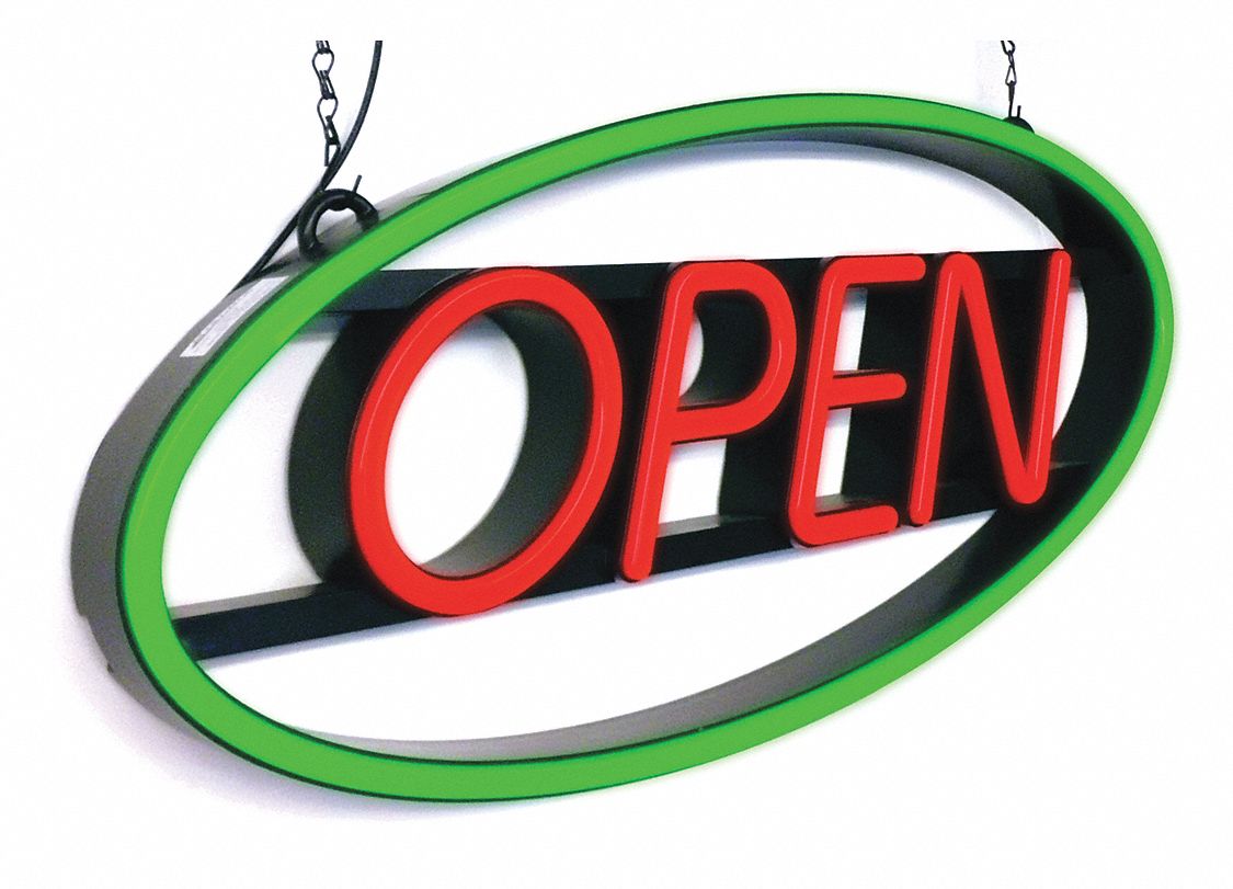 LED Open Sign,  27 in Length,  12 3/4 in Height,  Plastic,  Red/Green Legend/Background Color