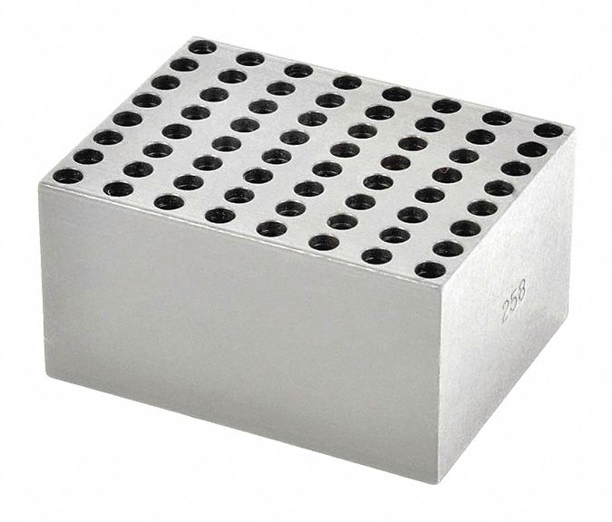 Heat Block: Anodized Aluminum, 1 7/8 in Overall Wd, 20 1/4 in Overall Lg, 64 Wells, 0.2 mL