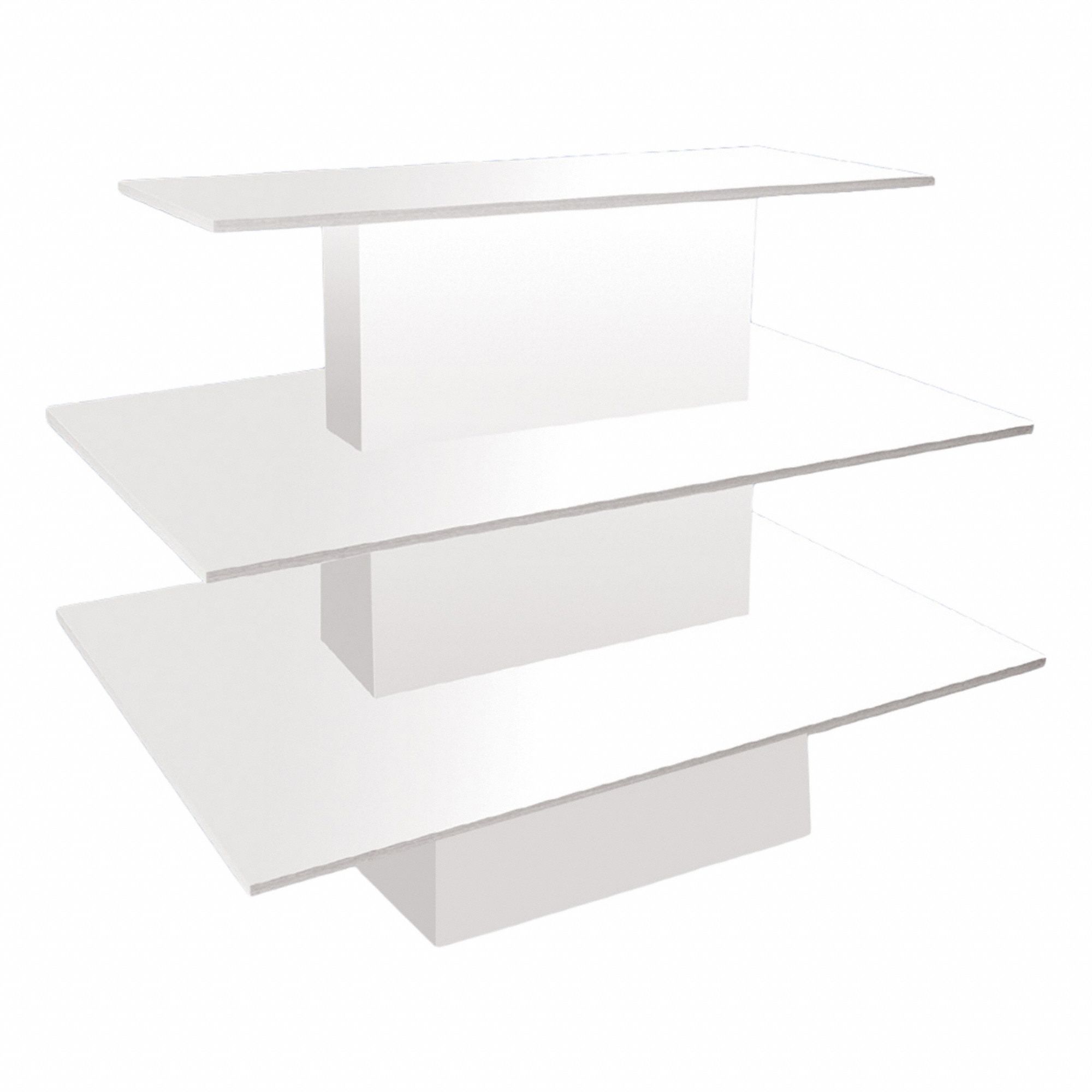 Floor Display: White, Wood, 60 in Overall Wd, 42 in Overall Ht, 42 in Overall Dp, 3 Tiers, 0 Casters