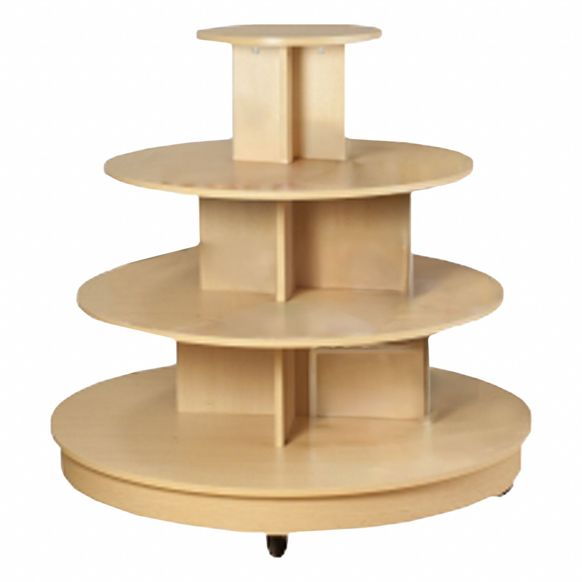 Floor Display: Maple, Wood, 45 in Overall Ht, 47 in Overall Dia, 4 Tiers, 17 in Tier 1 Dp, 4 Casters