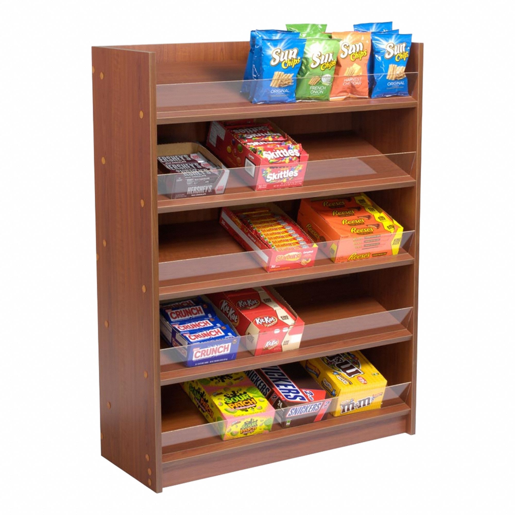 Floor Display: Floor Standing Candy and Snack Display Rack, Cherry, 5 Shelves, Wood, 36 in Shelf Lg