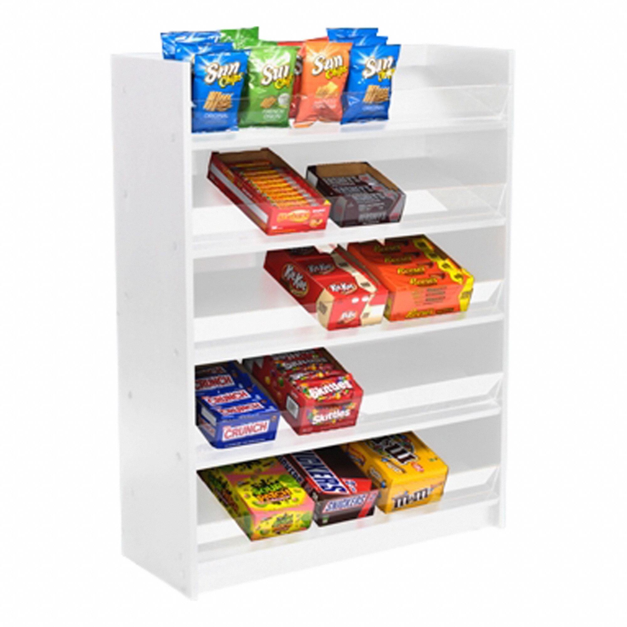 Floor Display: Floor Standing Candy and Snack Display Rack, White, 5 Shelves, Wood, 36 in Overall Dp