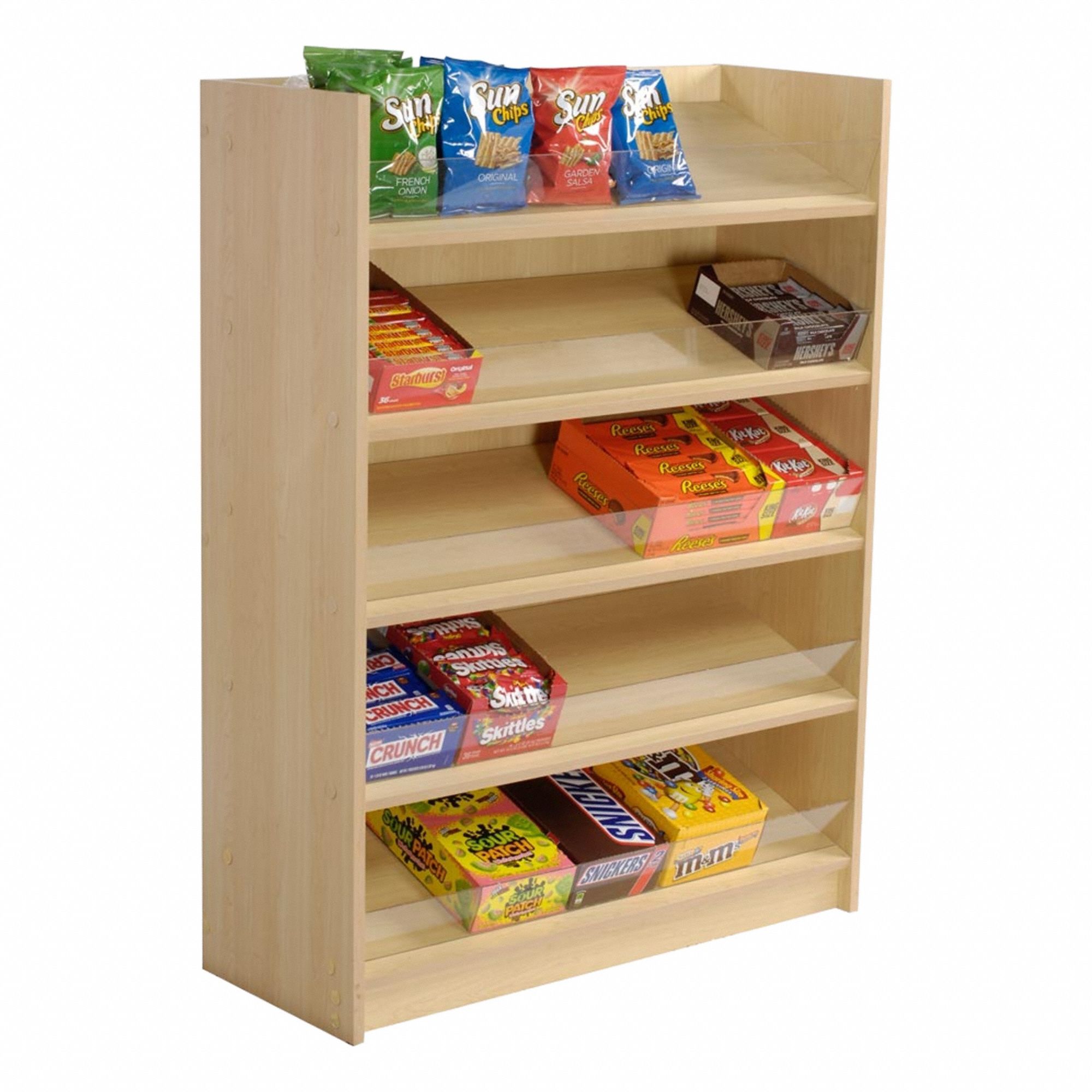 Floor Display: Floor Standing Candy and Snack Display Rack, Maple, 5 Shelves, Wood, 36 in Overall Dp