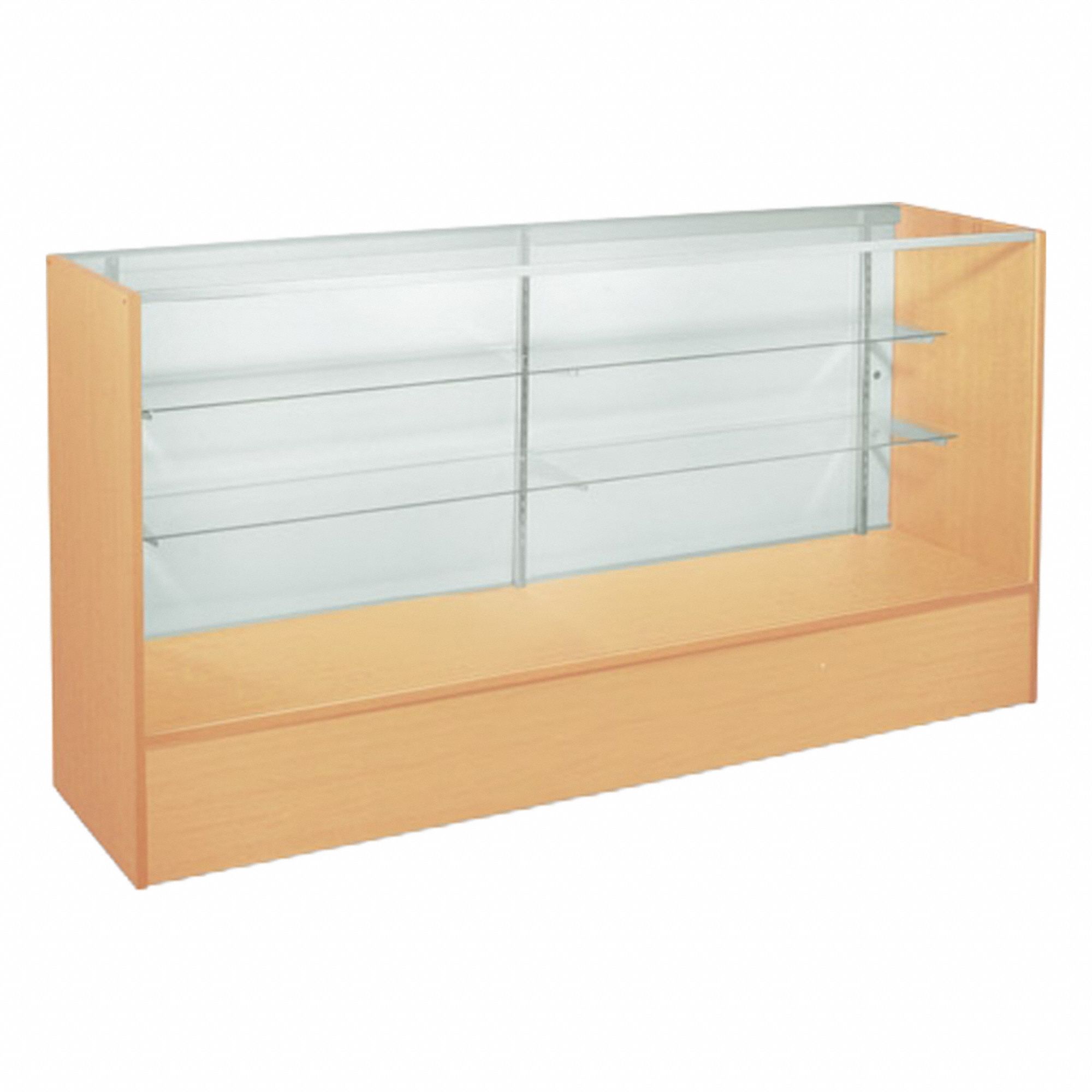 Retail Checkout Counter: Counter Display Case, Maple, MDF, 70 in Overall Wd, 18 in Overall Dp, MDF
