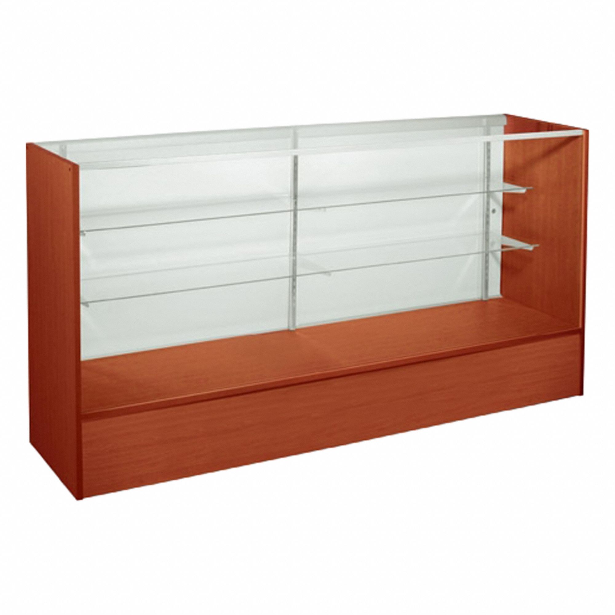 Retail Checkout Counter: Counter Display Case, Cherry, MDF, 70 in Overall Wd, 18 in Overall Dp, MDF