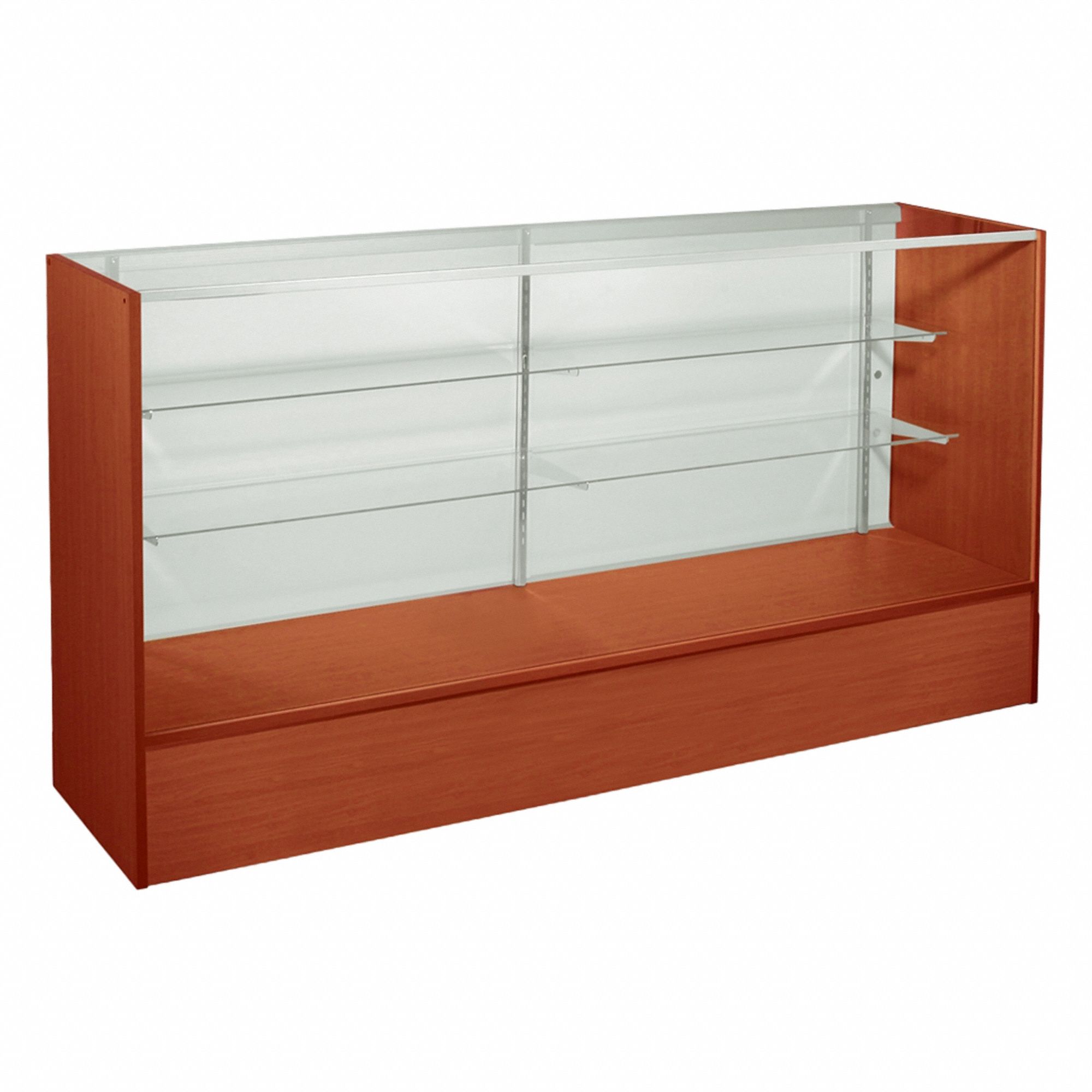 Retail Checkout Counter: Counter Display Case, Cherry, MDF, 60 in Overall Wd, 18 in Overall Dp, MDF