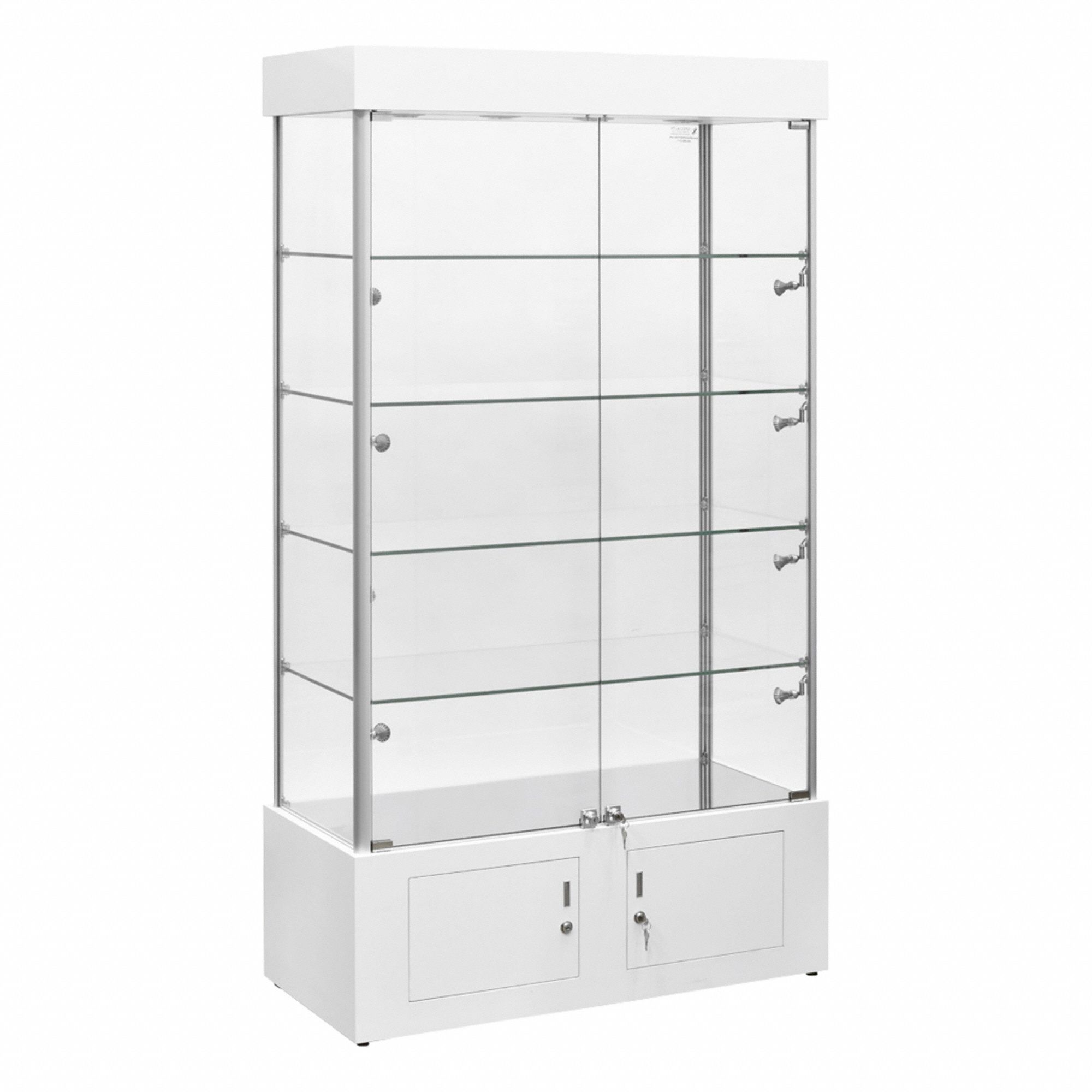 Display Case: Tower Display Case, White, Aluminum, 40 in Overall Wd, 18 in Overall Dp, Glass, 2 Keys