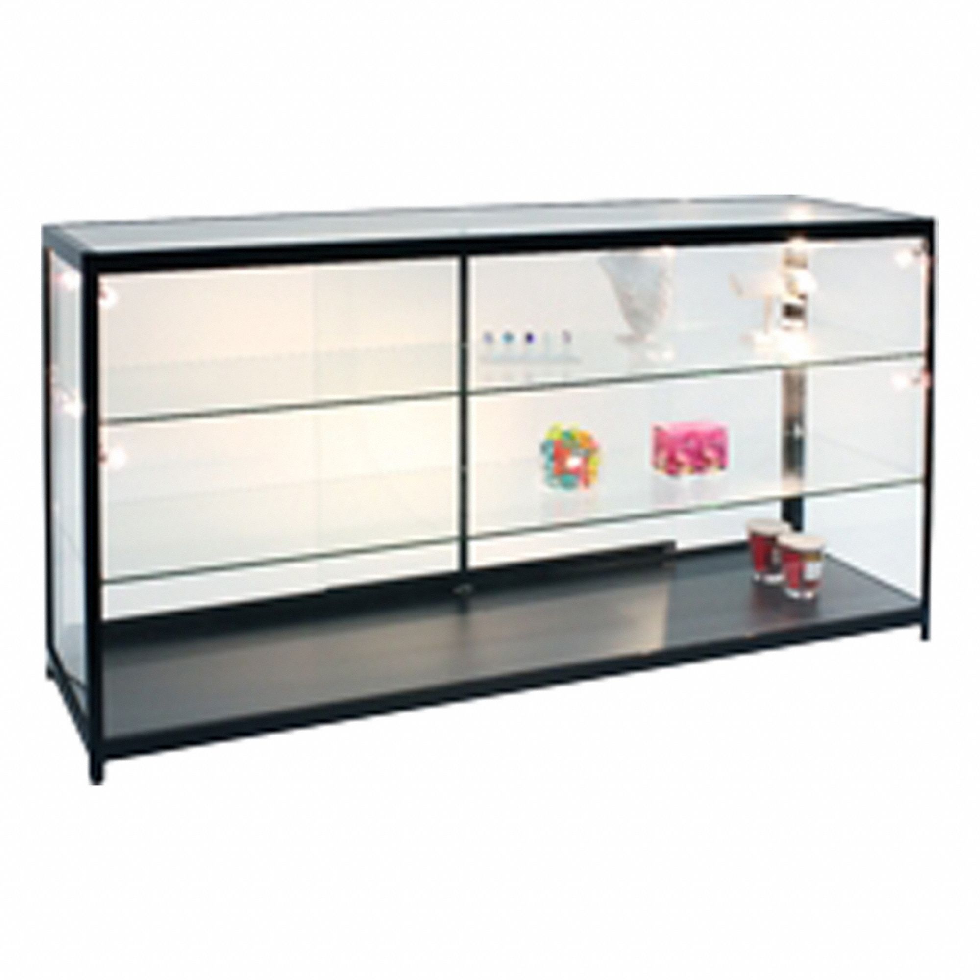 Display Case: Counter Display Case, Black, Aluminum, 70 in Overall Wd, 19 5/8 in Overall Dp, Glass