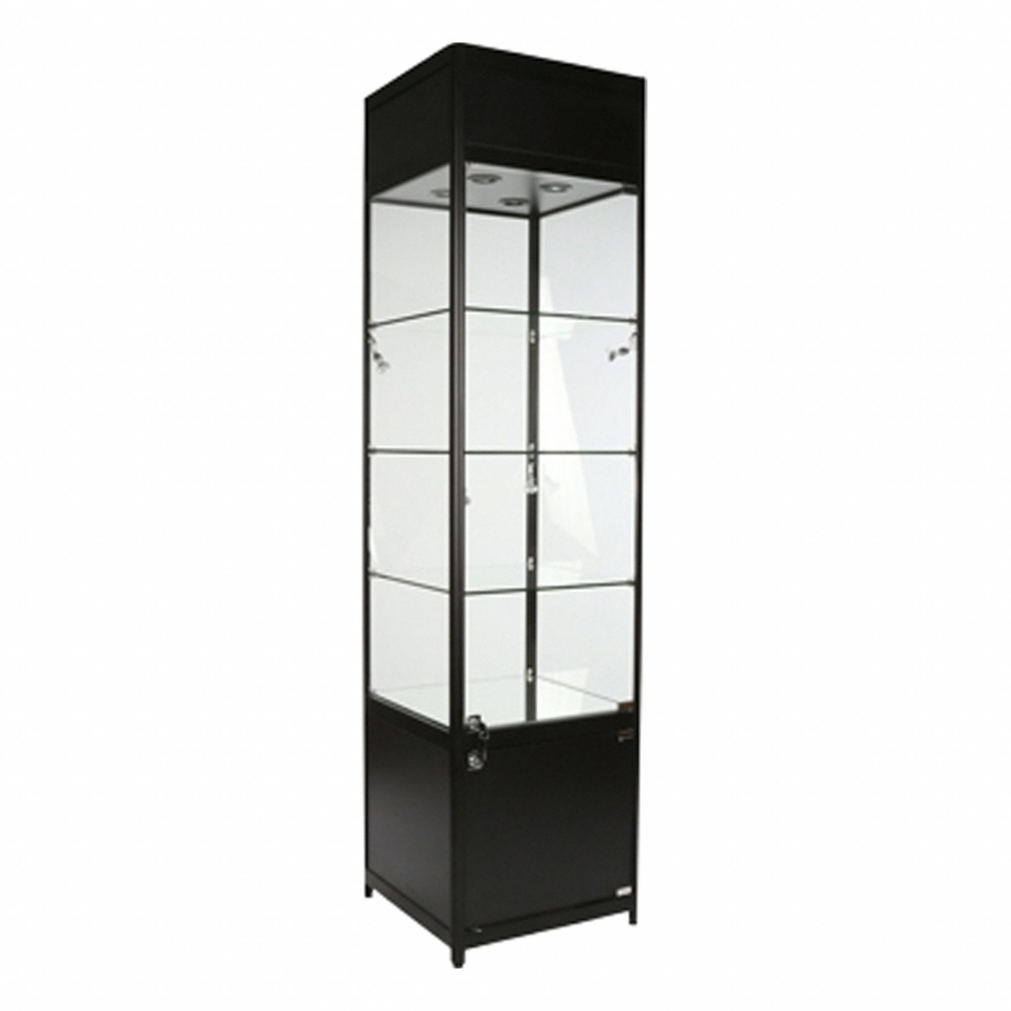 Display Case: Tower Display Case, Black, Aluminum, 20 in Overall Wd, 20 in Overall Dp, Glass, 2 Keys