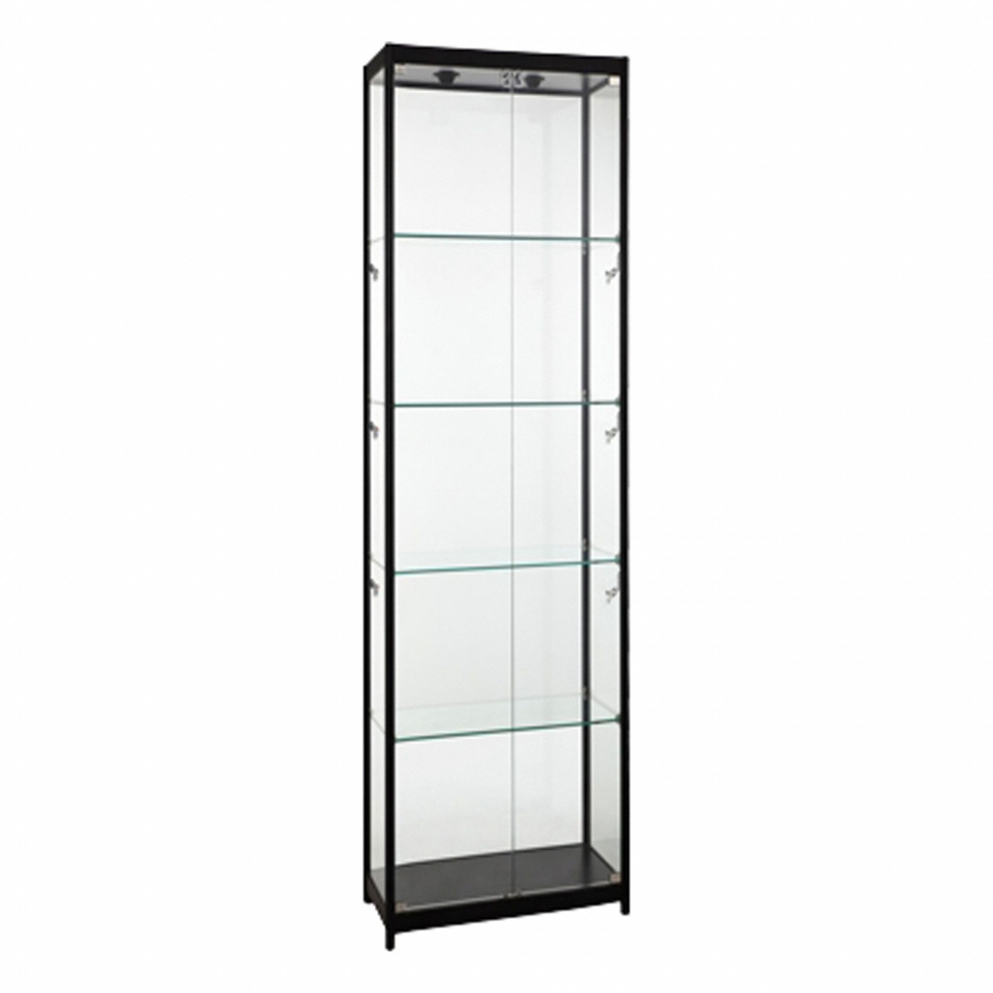 Display Case: Tower Display Case, Black, Aluminum, 24 in Overall Wd, 15 1/2 in Overall Dp, Glass