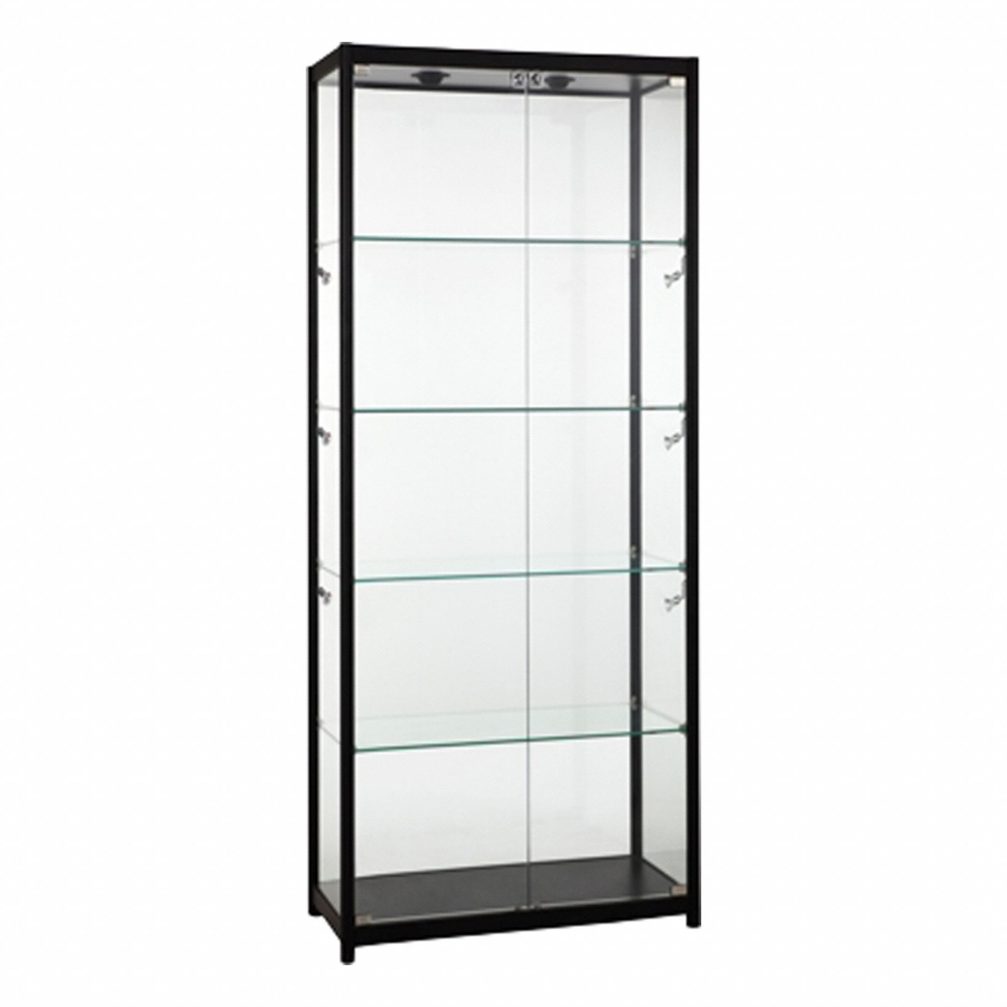 Display Case: Tower Display Case, Black, Aluminum, 39 1/2 in Overall Wd, 15 1/2 in Overall Dp, Glass
