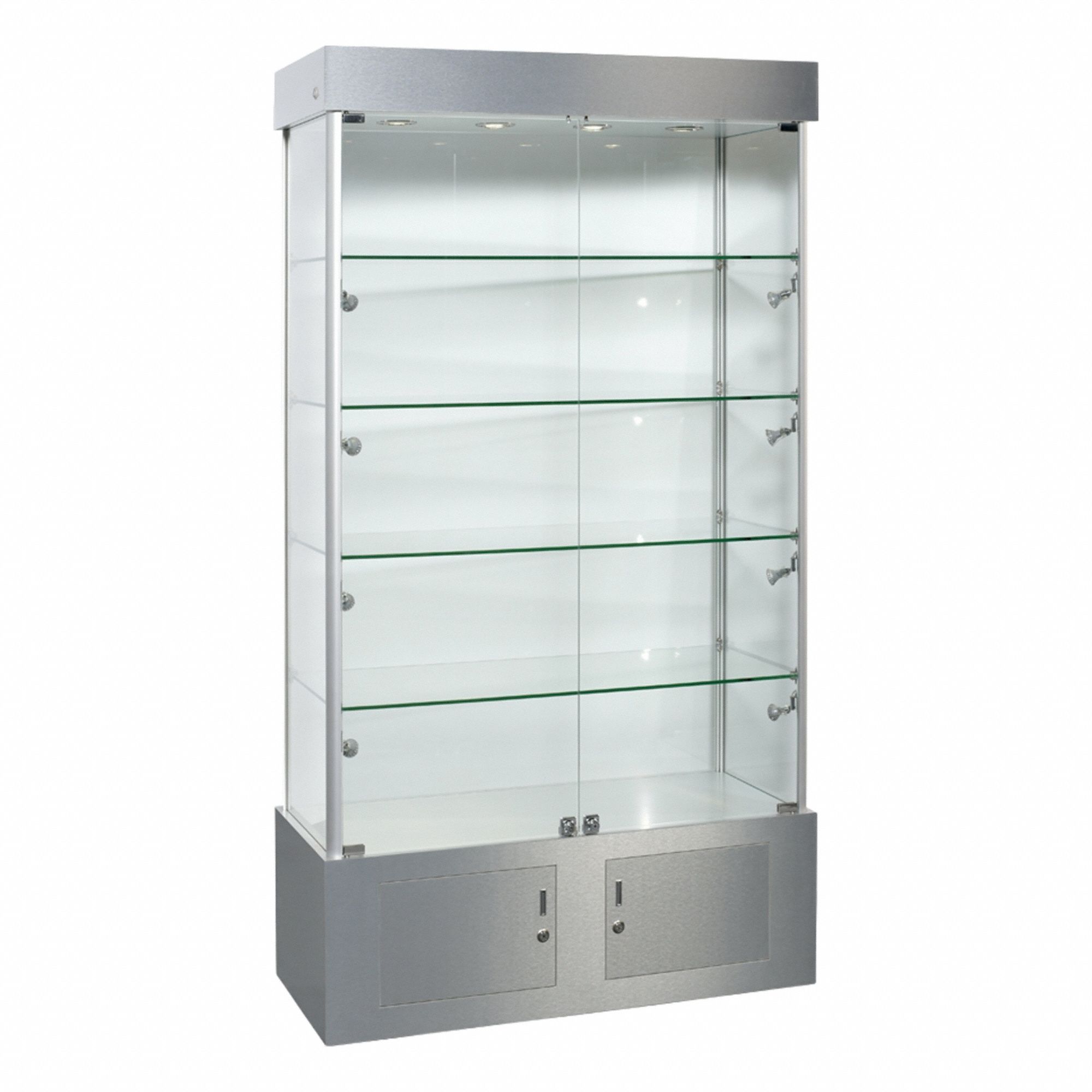 Display Case: Tower Display Case, Silver, Aluminum, 40 in Overall Wd, 18 in Overall Dp, Glass, Glass