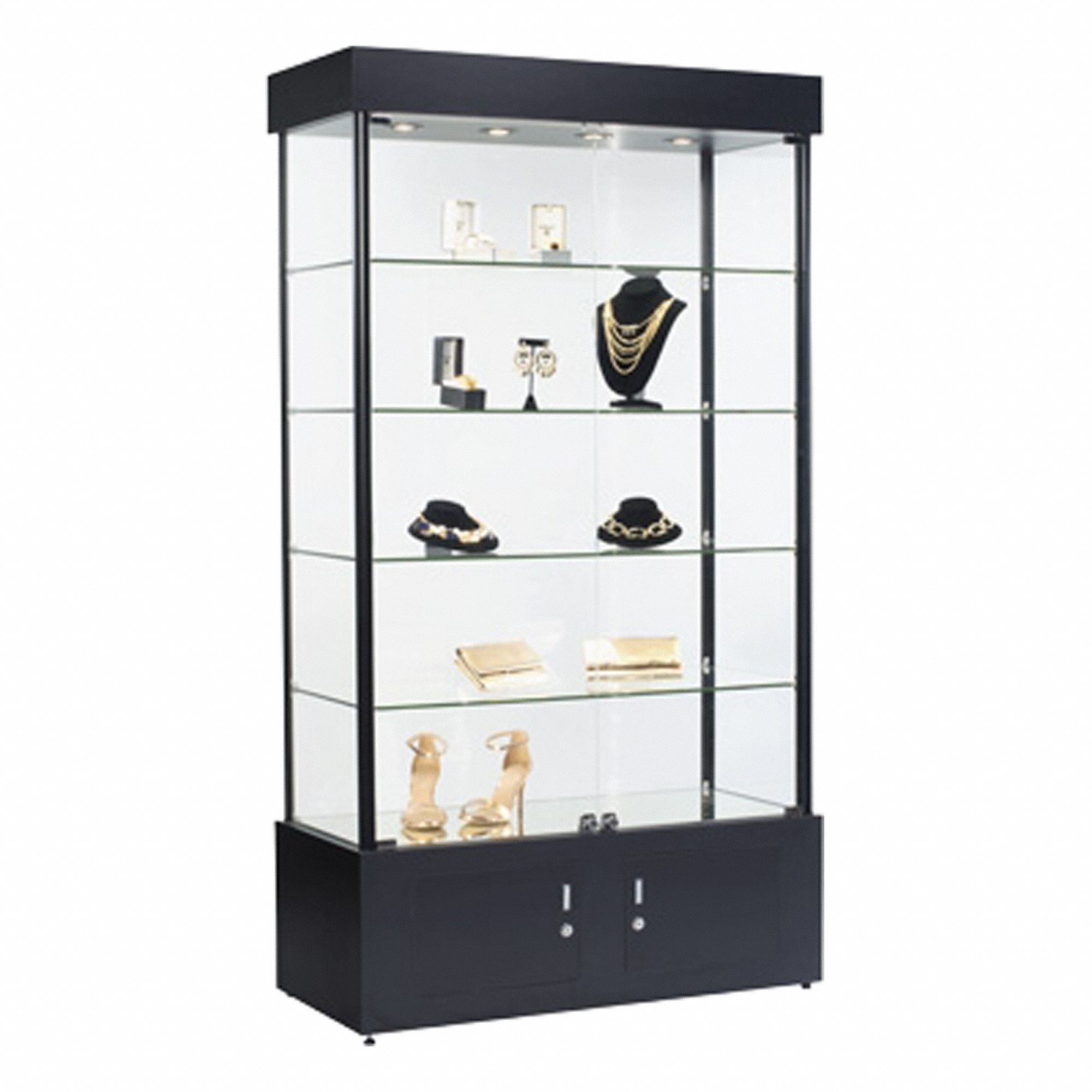 Display Case: Tower Display Case, Black, 40 in Overall Wd, 18 in Overall Dp, 73 in Overall Ht, Glass